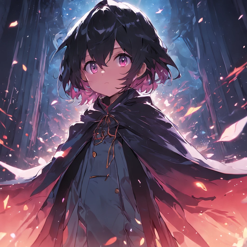 Wearing a cloak, a natural expression, eyes as if able to see through everything, hands hidden in the cloak, despair as a background, a ray of dawn as the direction
