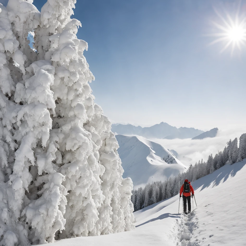 Climb the back of the snowy mountain alone,Very shocking picture,Blue sky