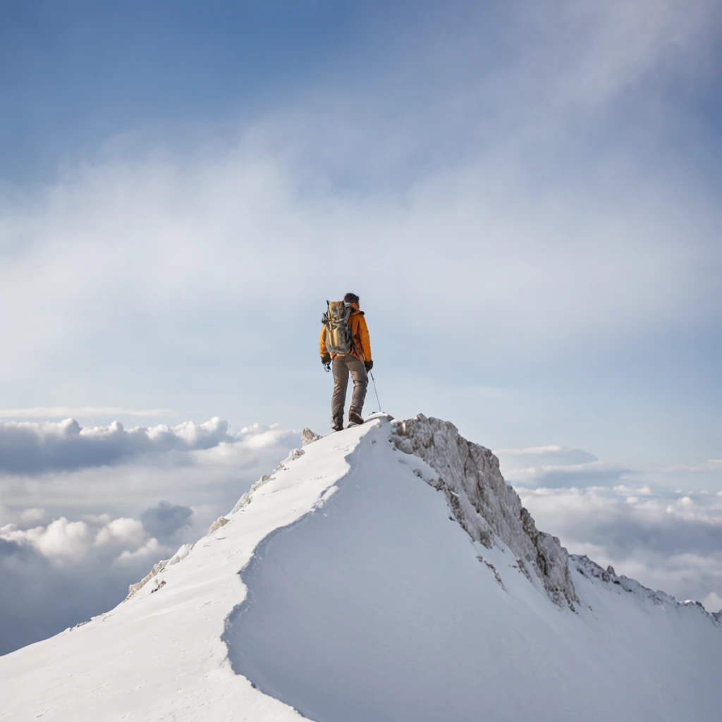 Climb the back of the snowy mountain alone,Very shocking picture,Blue sky