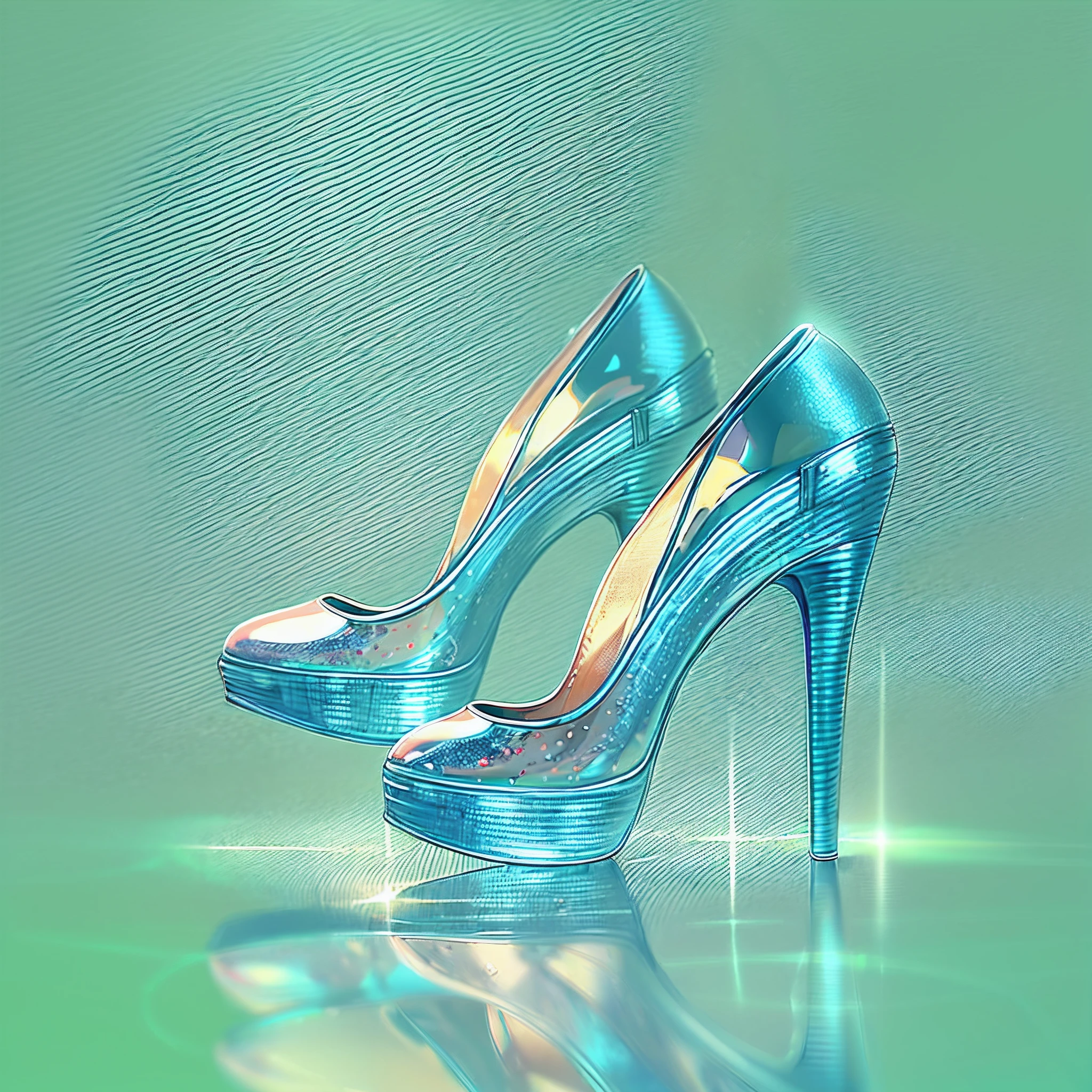 A pair of high heels,without humans,(Top resolution:1.5), (Top image quality:1.5), Close-up of a pair of shoes on a shiny surface, slightly holographic, fairy tale style background, made in adobe illustrator, Magical items, holograph, illustration!, Blue high heels, Transparent heels。The background is the seaside