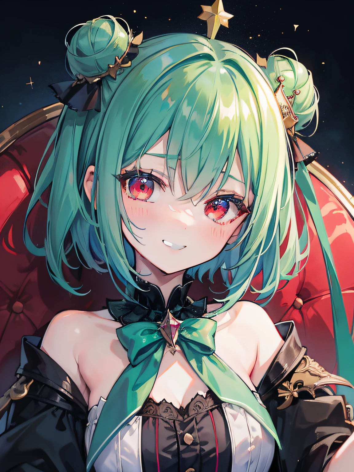 {Moist feather(ho****ve)}, 1girl, {short hair}, double bun, {emeraldgreen hair}, {Red eyes}、​masterpiece、top-quality、grinning evily、{demon king}、{full bodyesbian}、a throne、ambition、The Darkness、Dark blue clothes、