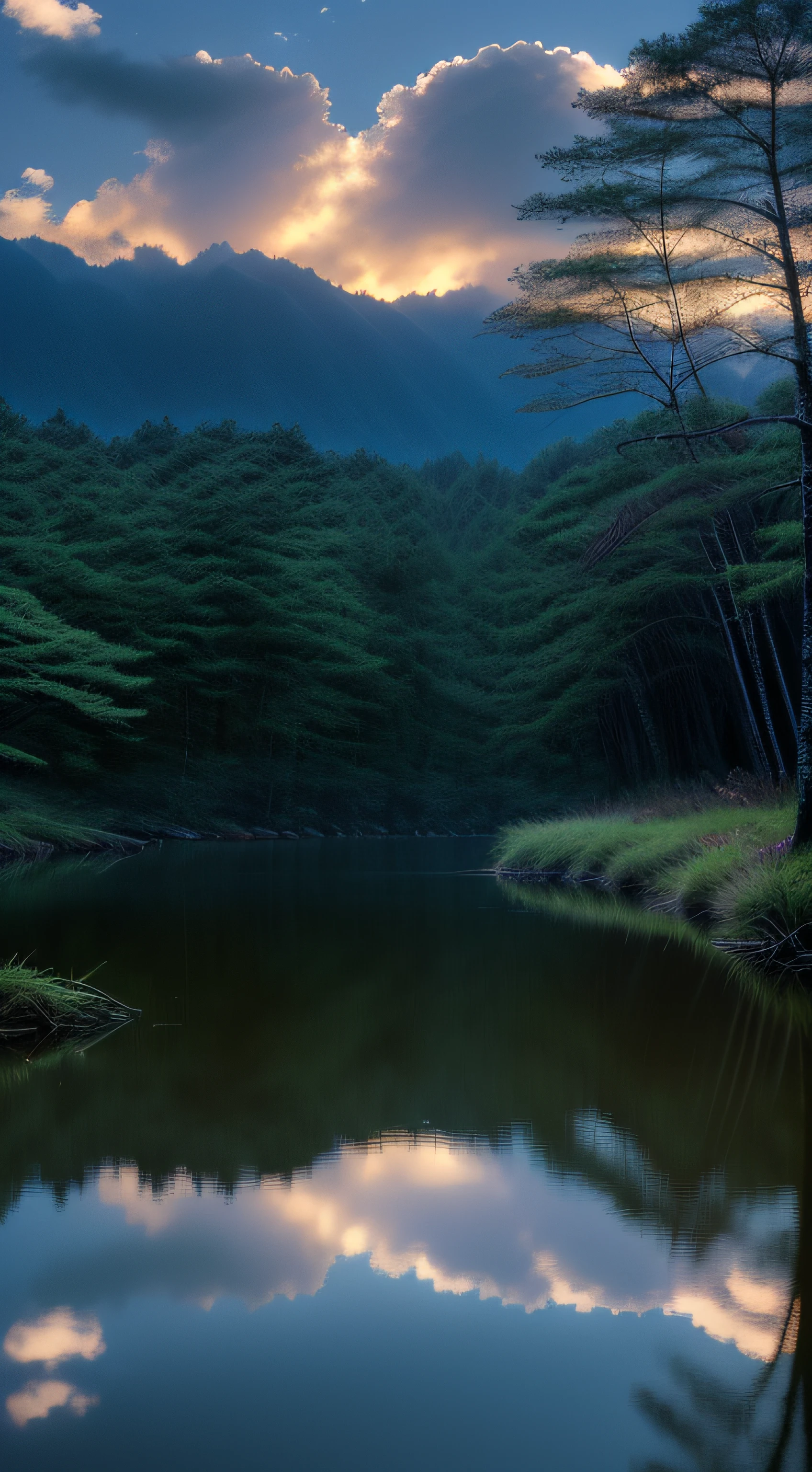 the wallpaper， 夏天， lake， zori， ln the forest， Detailed forest， Clouds， tmasterpiece， cinematic ligh， softlighting， depth of fields， Ray traching， reflection in water， hentail realism， Ulla detailed，Realiy