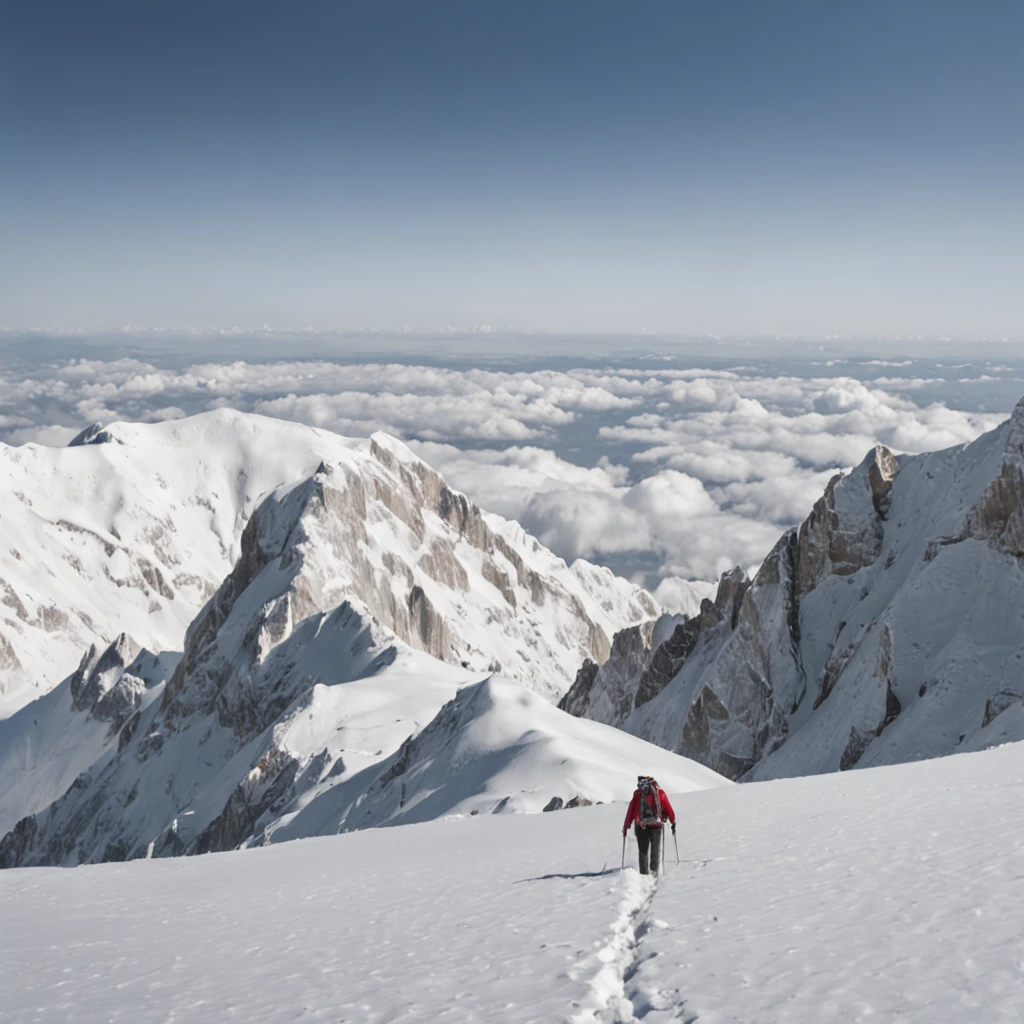 Climb the back of the snowy mountain alone，Very shocking picture，Blue sky