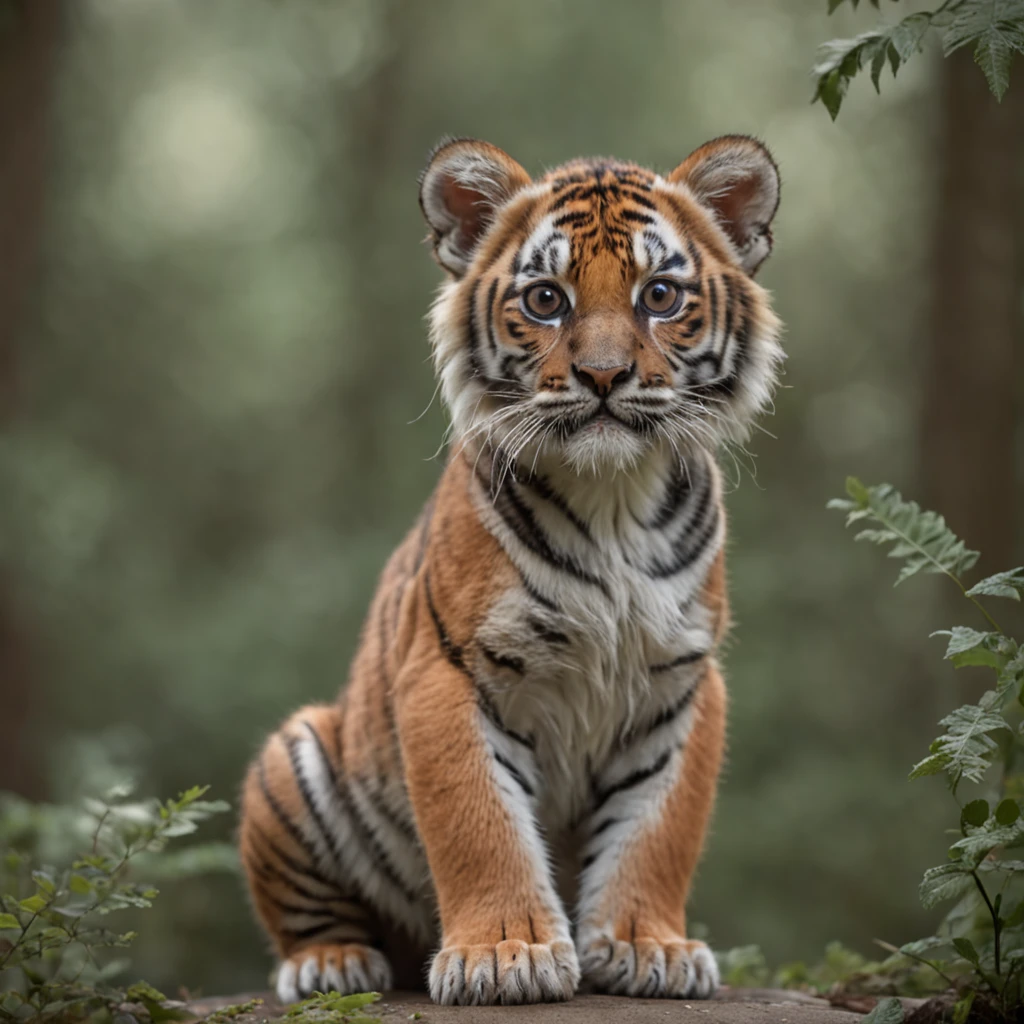 colorful Cute little tiger in a magical forest, with big eyes, rendered in ultra-realistic detail, sharp, high-quality details, 85mm
