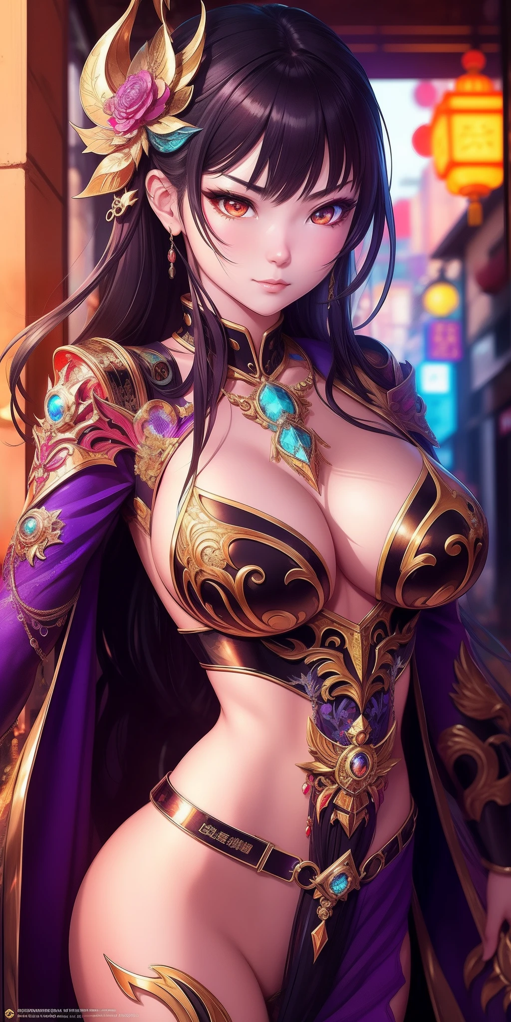 Detailed face, Chinatown, Beautiful girl, fantasy, complimentary colours, insanely detailed and intricate, hypermaximalist, opulent, Ultra photo realsisim, Super detailed, Guweiz style, magic, sorceress woman, Cyberpunk, Futuristic city, Ultra HD, Vivid, Mecha, full bodyesbian,magci