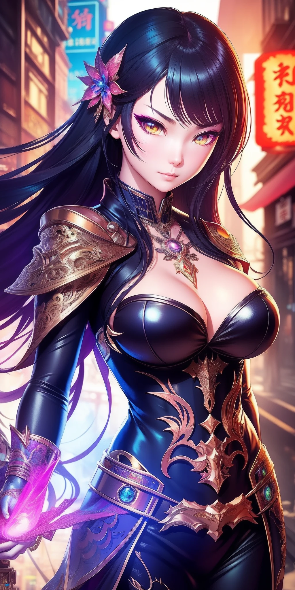 Detailed face, Chinatown, Beautiful girl, fantasy, complimentary colours, insanely detailed and intricate, hypermaximalist, opulent, Ultra photo realsisim, Super detailed, Guweiz style, magic, sorceress woman, Cyberpunk, Futuristic city, Ultra HD, Vivid, Mecha, full bodyesbian,magic