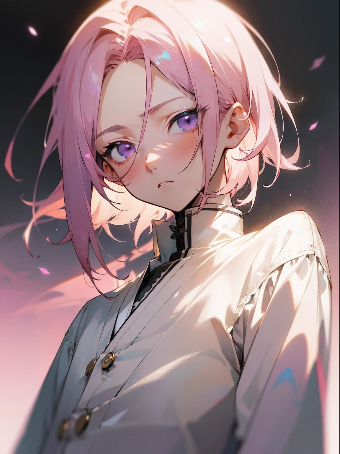 Kohaku Oukawa, anime male, short hair, light pink hair, purple eyes, shota, masterpiece, best quality, male character, anime boy, skinny, slim, male, middle part, young man, teen, forehead showing, slim, teen age, chin length hair, best quality, flawless skin, detailed eyes, oversized outfit, large buttons on shirt, male character, lovely boy, soft colors, soft lighting, bokeh, muted colors, light colours, oversized shirt, pale lighting, muted color palette, aesthetic, model, slim body, sharp eyes, detailed face, sharp features, frontage, portrait, facing forward, framed photograph, lace frame, photograph, detailed frame around image,