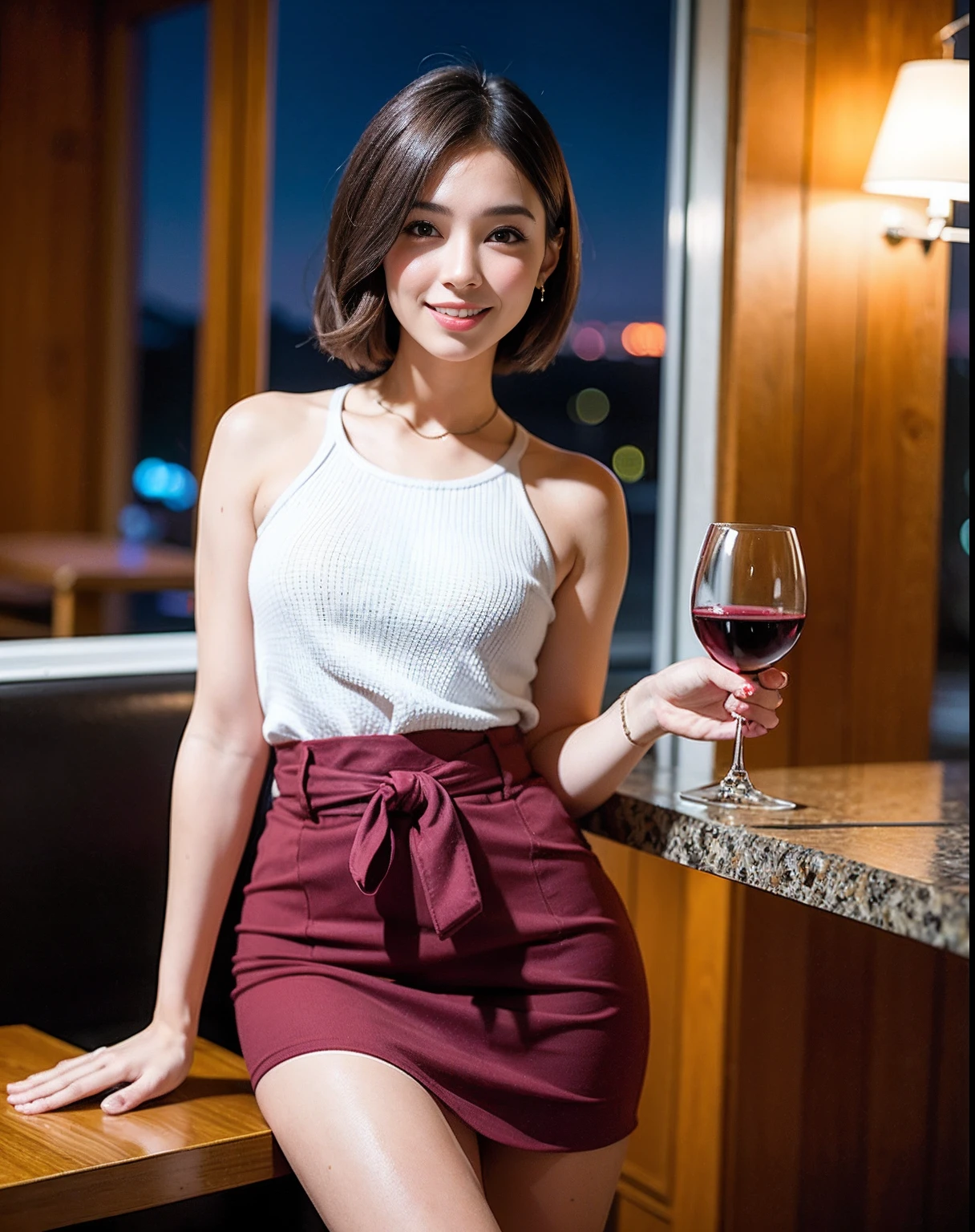 (64K, UHD, top quality, masterpiece: 1.2), (realistic, photorealistic: 1.37), super detailed, pretty woman 1 person, (slim face), (slim body), (brown hair), (short cut), cheeks slightly blushing, (42 years old), 38 years old, solo, beautiful detailed urban night view outside the window, restaurant, wine glasses sit, night, in a prominent place (from the waist up) NovaFrogStyle, Actress, Model, Waist Up, White Wine, Slim, Wine Glass, Super Clean Night View, Wine Glass Put in the Middle, Happy Smile, (Smile: 1.15), Beautiful Fine Eyes, Upper Body, Bust Japan Up, Night, Short, Short, Actress, Model, Waist Up, White Wine, Slim, Wine Glass, Super Clean Night View, Wine Glass Put in the Middle, Happy Smile,
