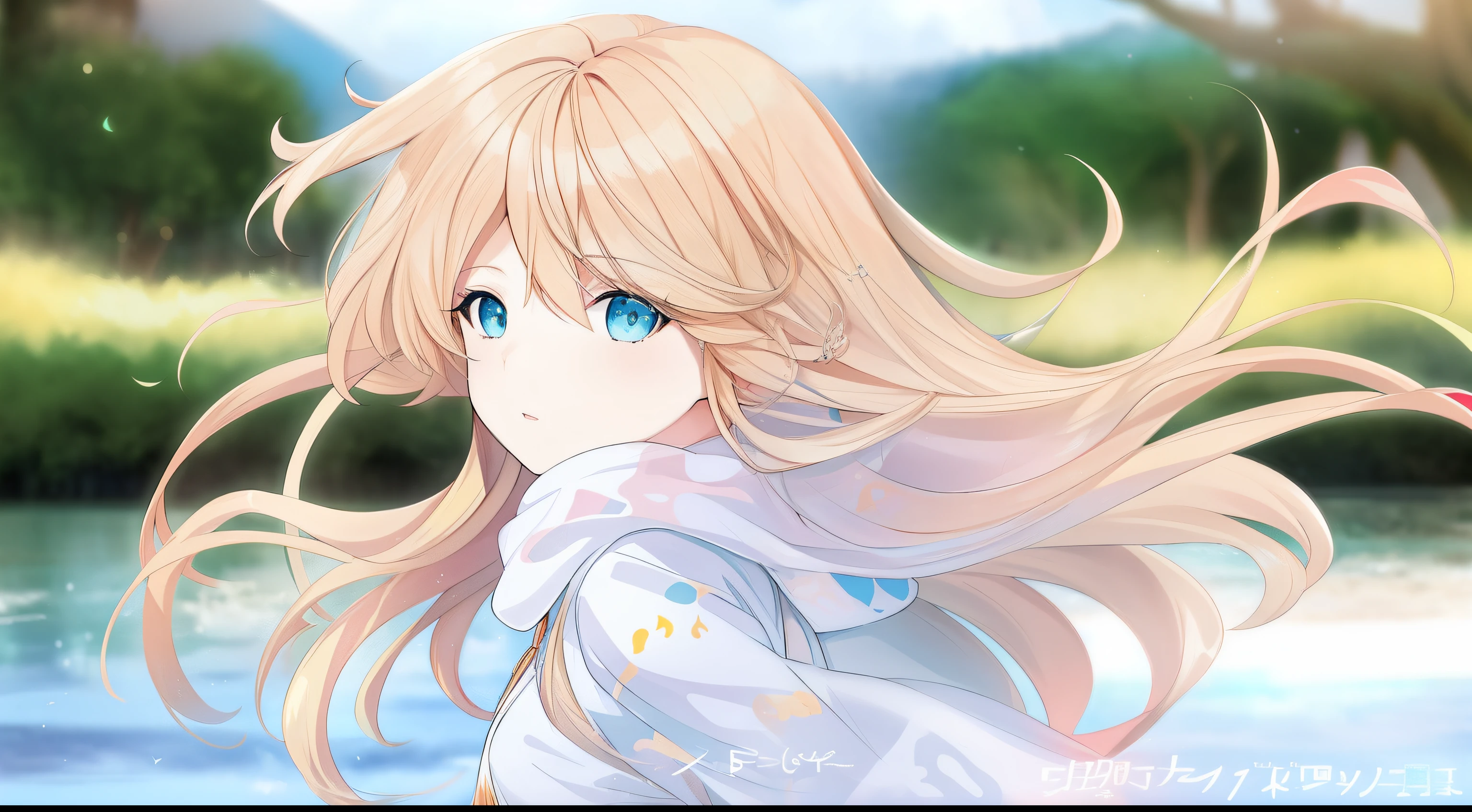 Anime girl with long blonde hair and blue eyes standing in the water, Blonde anime girl with long hair, Soft anime illustration, Beautiful anime girl, a beautiful anime portrait, pretty anime girl, Beautiful anime style, Cute natural anime face, Cute anime girl, beautiful anime art style, (Anime girl), Anime girl with long hair, Digital anime art!!, Anime style portrait