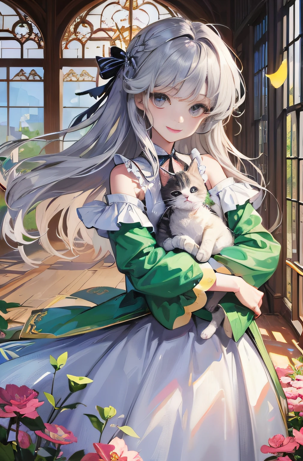 (tmasterpiece、top-quality、illustratio、Extremely high quality、high-level image quality、Extremely sensitive writing)Girl with long silver hair standing in beautiful flowery garden、A slight smile、She has a kitten in her arms、Cute national costume style dress，There are ruffles on the shoulders、Hair fluttering in the wind