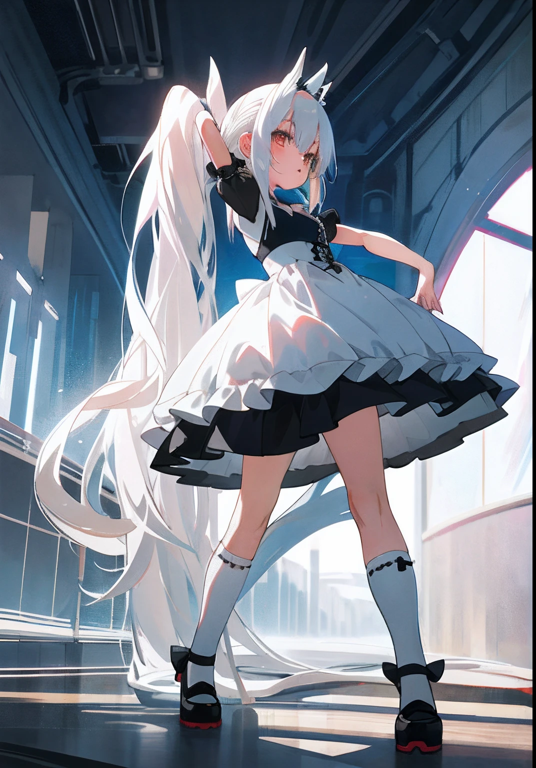 in dress, small curvaceous loliotorealistic anime girl rendering, seductive anime girls, long white hair, Perfect white haired girl, with long white hair, Silver hair (pony tails),Black and white knee socks