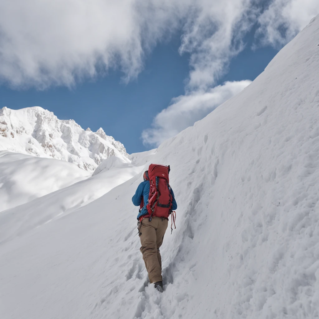 Climb the back of the snowy mountain alone，Very shocking picture，Blue sky