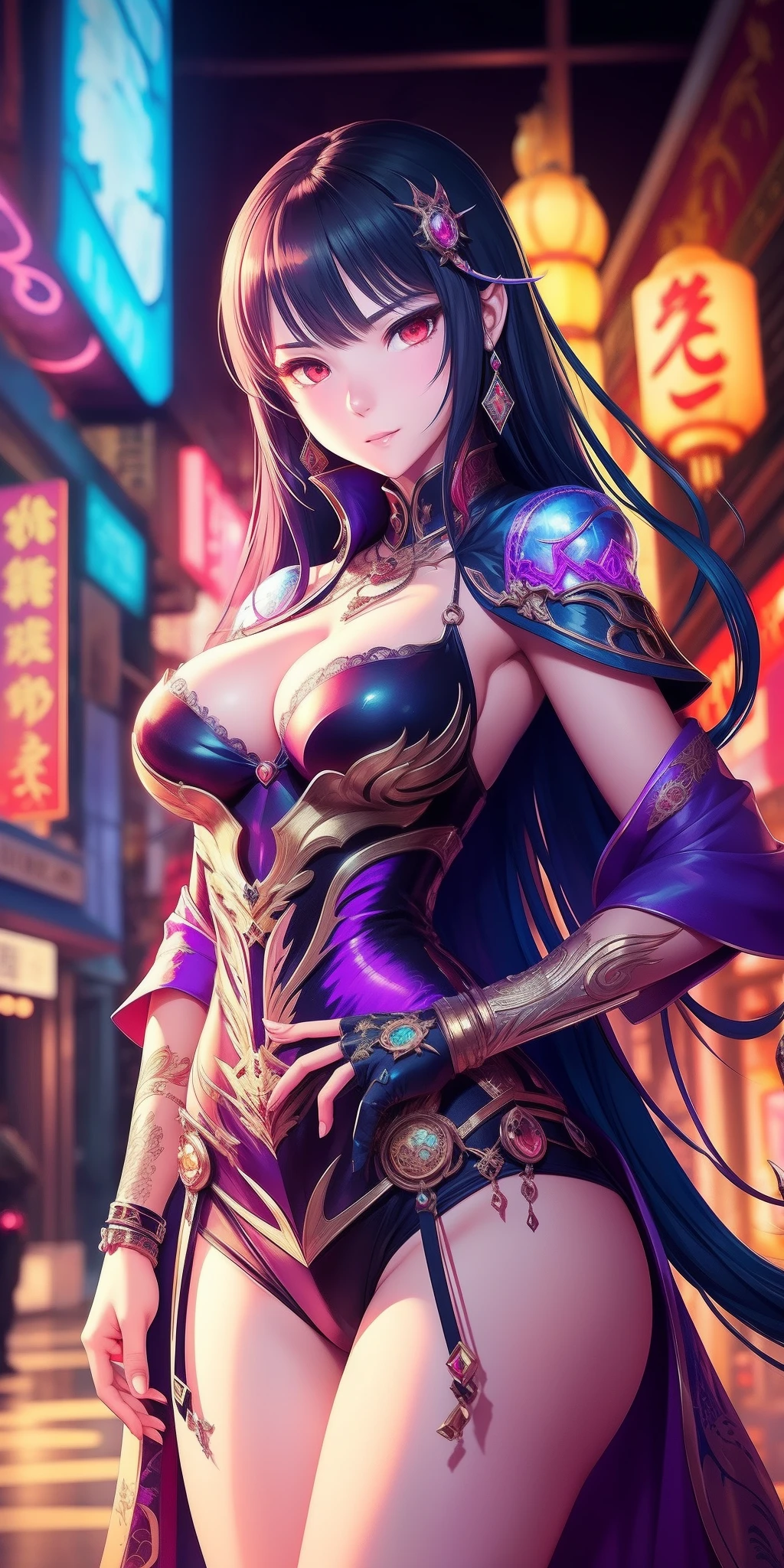 Detailed face, magic, Chinatown, Beautiful girl, fantasy, complimentary colours, insanely detailed and intricate, hypermaximalist, opulent, Ultra photo realsisim, Super detailed, Guweiz style, magic, sorceress woman, Cyberpunk, Futuristic city, Ultra HD, Vivid, Mecha, full bodyesbian,magic