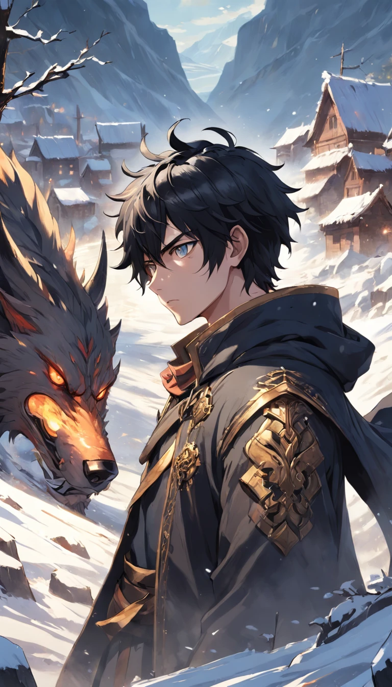 magnificent scene, In the middle of a destroyed cold village, Covered with dense snow, The protagonist, Young man with black hair and shining golden eyes, Hurt by confrontation, Awaken the power of fire