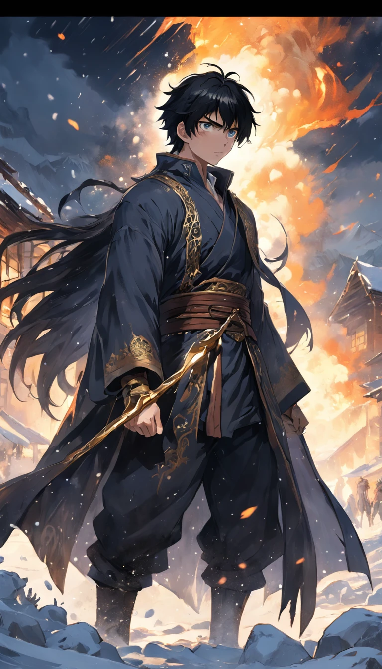 magnificent scene, In the middle of a destroyed cold village, Covered with dense snow, The protagonist, Young man with black hair and shining golden eyes, Hurt by confrontation, Awaken the power of fire