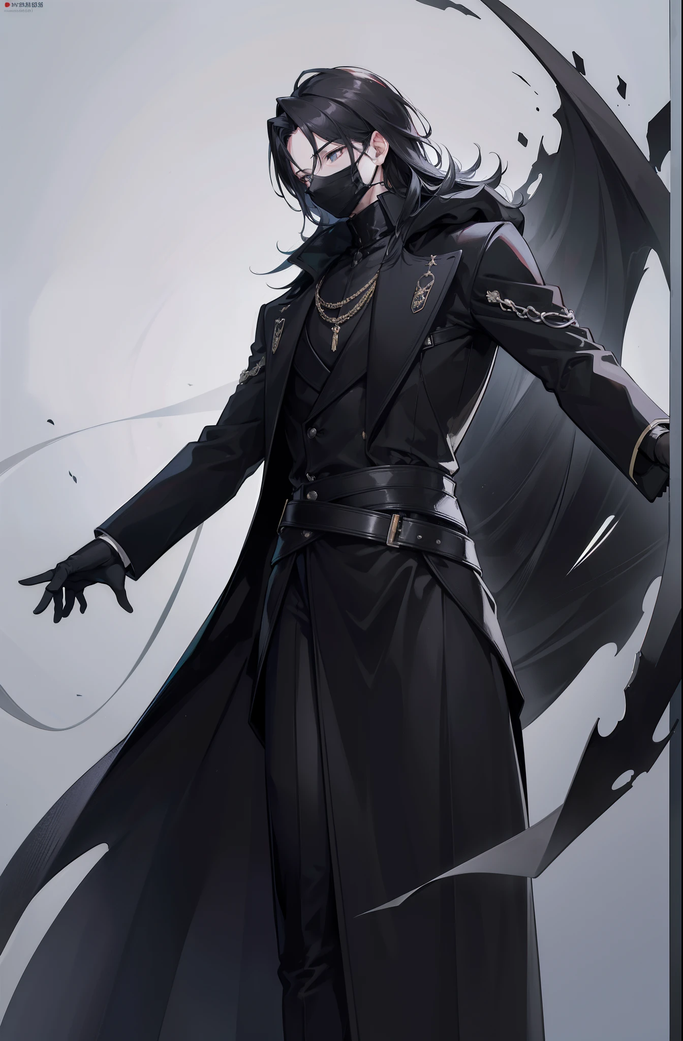 Um homem de cabelos pretos,full body profile, , 8k photograph,High-quality camera photos, high-quality photo, dressed in a black coat, Handsome black coat, wearing long black robe,Wearing a solid black mask,,frontal photos,Unreadable face,Wearing a solid black mask