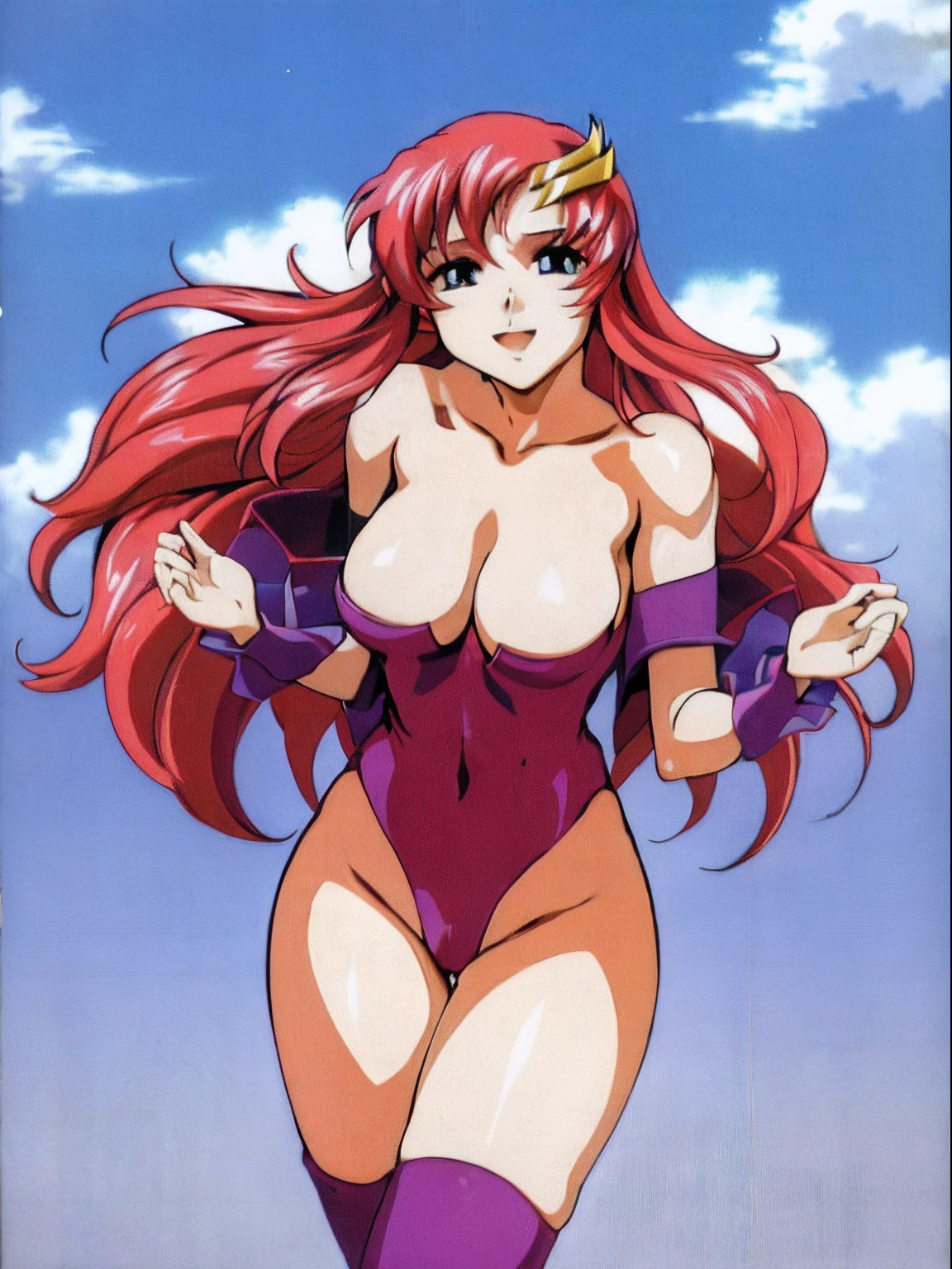(masterpiece, 4K, Best Quality, Anime style: 1.9, bold drawing lines, High color saturation, Detailed face, tall, Adult Woman, lovely, (cloud background), Drawing lines, high resolution, Anime, lacus4), 1girl in, Solo, curvy figure, Long hair, 鎖骨, scapular, Wavy Hair, Detailed wide hair bangs, Hair Ornament, Detailed reddish-pink hair, cleavage, large hands, Big blue eyes, Smile, closed mouth, Very happy, ((closed fists)), (laughing, open mouth), ((medium breasts)), ((strapless wrestling leotard), (wrestling long boots), bare thighs, strong arms, biceps, rib lines, ((lean forward)), legs, standing, (hands on hips), happy, bare shoulders, (navel)