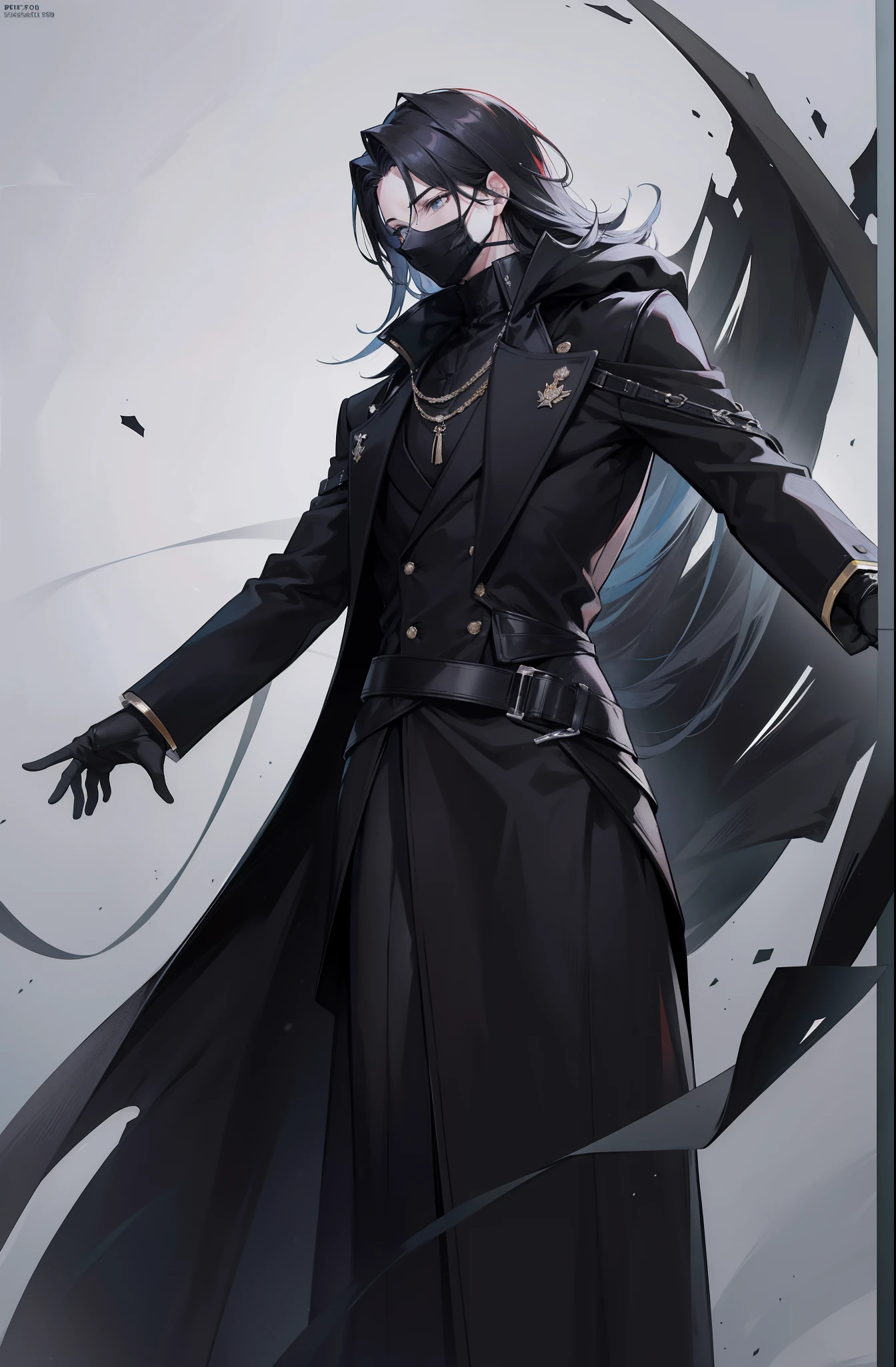 Um homem de cabelos pretos,full body profile, , 8k photograph,High-quality camera photos, high-quality photo, dressed in a black coat, Handsome black coat, wearing long black robe,Wearing a solid black mask,,frontal photos,Unreadable face,Wearing a solid black mask