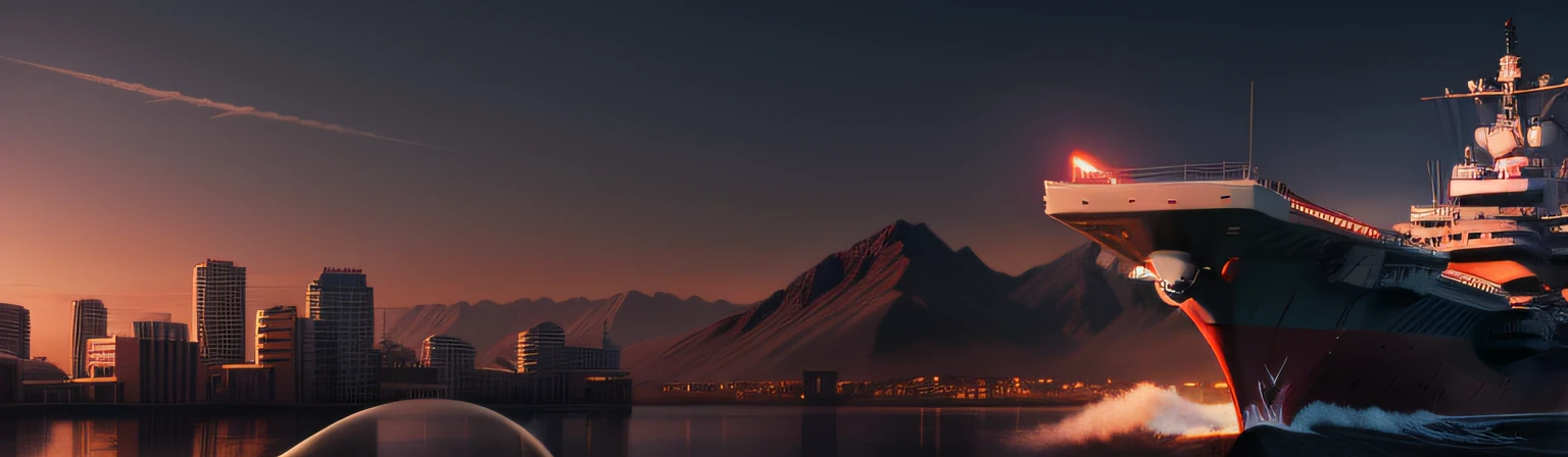modern city, aircraft carrier, red tone, mountain, texture, film style, partial realism, Fujifilm