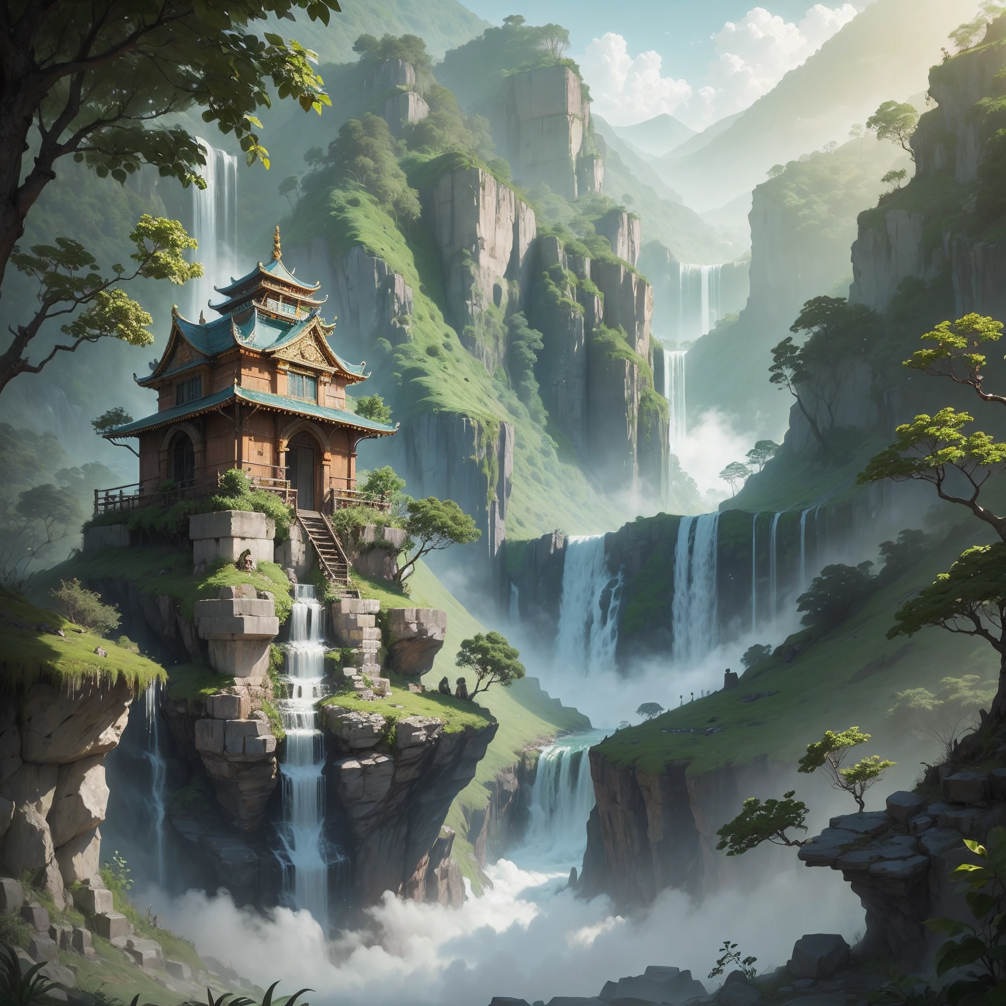 jungle temple, monkey Worshipping, waterfall, fog, daytime. --auto --s2