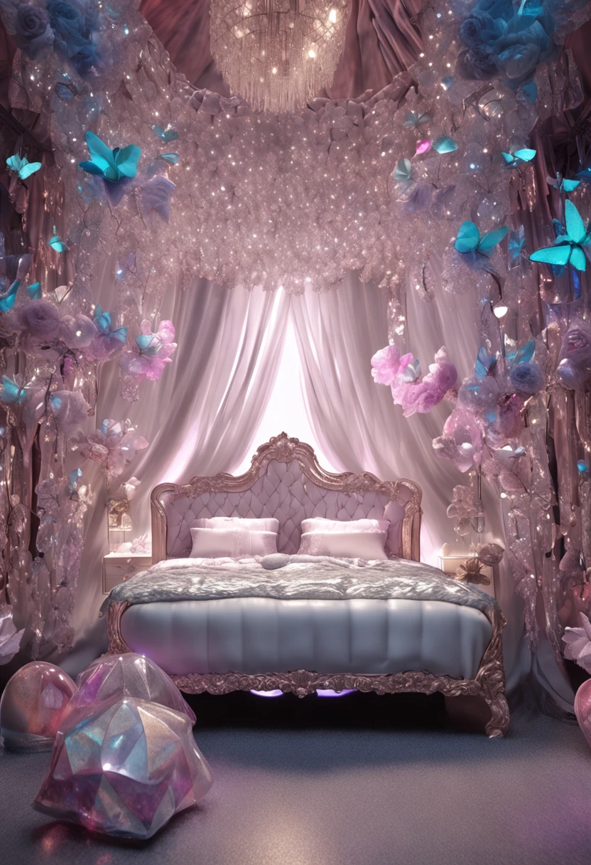 hyper realistic photo, ultra detailed photograph of a beautiful crystal bed, highly detailed pillows, cutecore, photorealistic, iridescent silver, hyperrealism, fluffy blankets, shimmering, sheer, sexy, Ultra photoreal, Intricate details, Ultra detailed, elegant photorealistic, great high details, hyper real photo, 8k, extreme quality, mirrors, flowers, jewels, butterflies, forest, full room, exotic canopy, glimmering fairy lights, magical