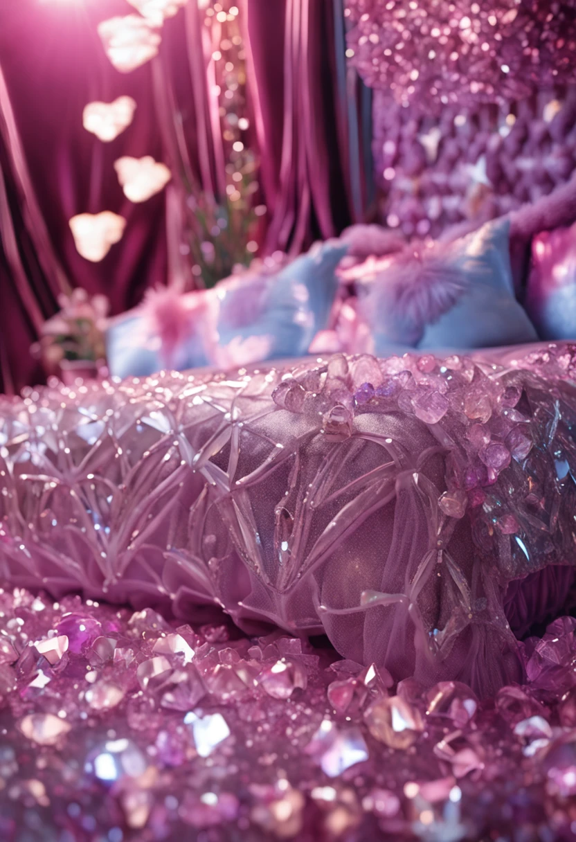 hyper realistic photo, ultra detailed photograph of a beautiful crystal bed, highly detailed pillows, cutecore, photorealistic, iridescent silver, hyperrealism, fluffy blankets, shimmering, sheer, sexy, Ultra photoreal, Intricate details, Ultra detailed, elegant photorealistic, great high details, hyper real photo, 8k, extreme quality, mirrors, flowers, jewels, butterflies, forest, full room, exotic canopy, glimmering fairy lights, magical