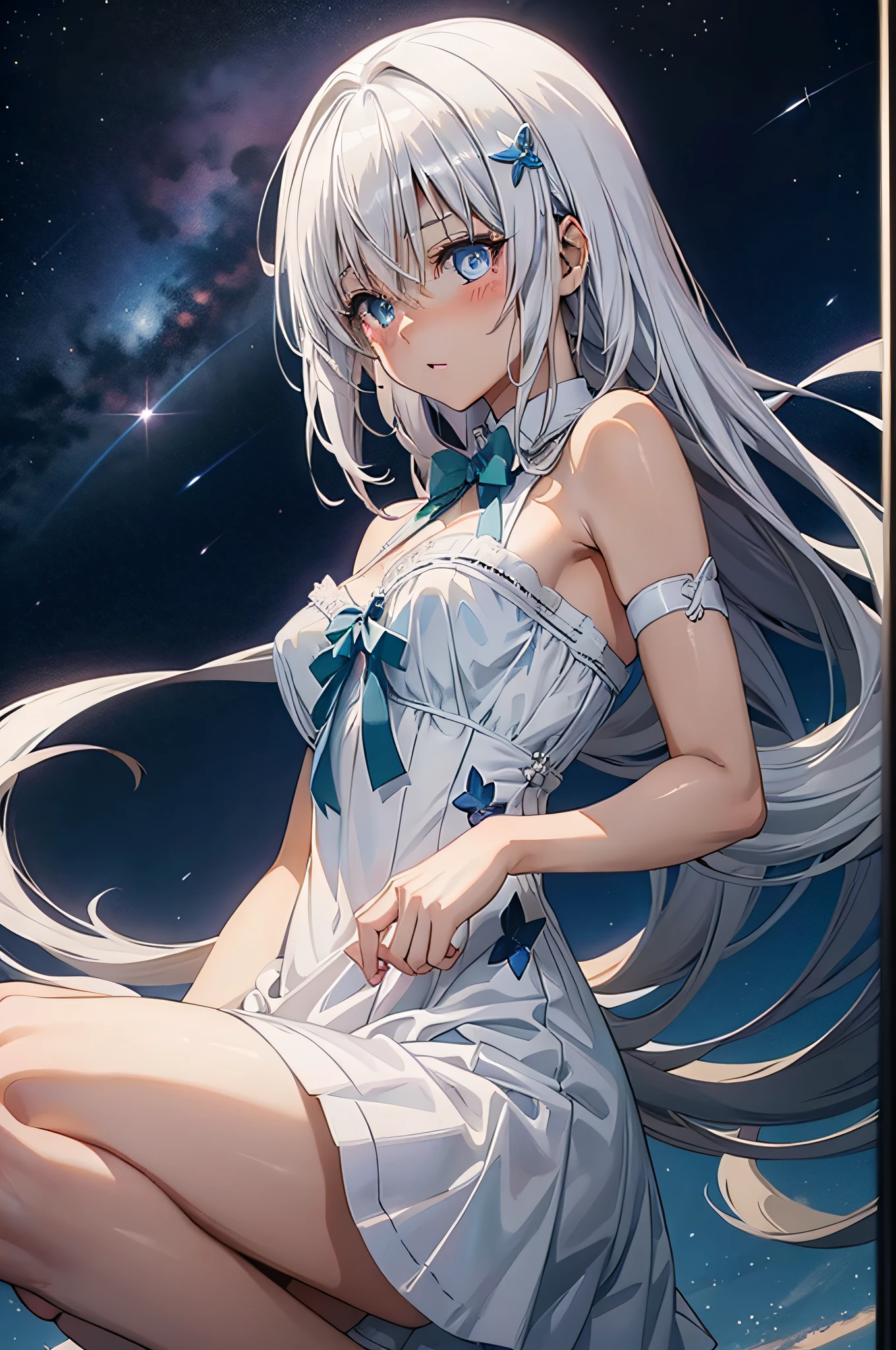 Anime, Anime style, nffsw, retinas, masutepiece, ccurate, Anatomically correct, Textured skin, Super Detail, high details, High quality, awardwinning, Best Quality, hight resolution,Anime girl with long white hair and blue butterfly in her hair, White Dress!! of silver hair, white haired god, zerochan art, Cute anime waifu in a nice dress, Girl with white hair, anime girl with cosmic hair, loli in dress, Star(skyporn) starrysky_skyporn, nightcore, perfect gray hair girl, Mikudayo,Sheer