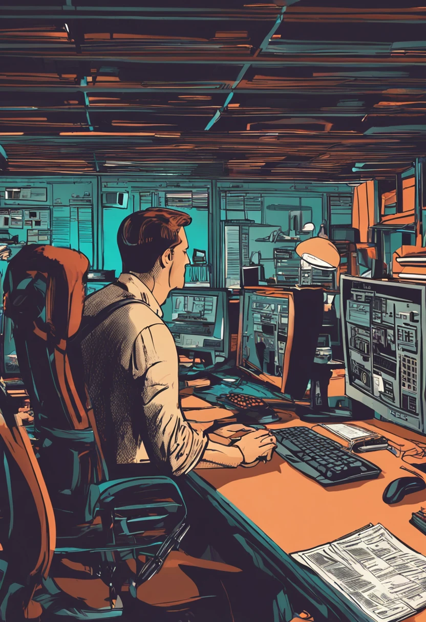 computer guy working on a desk with his boss watching over his back in an office