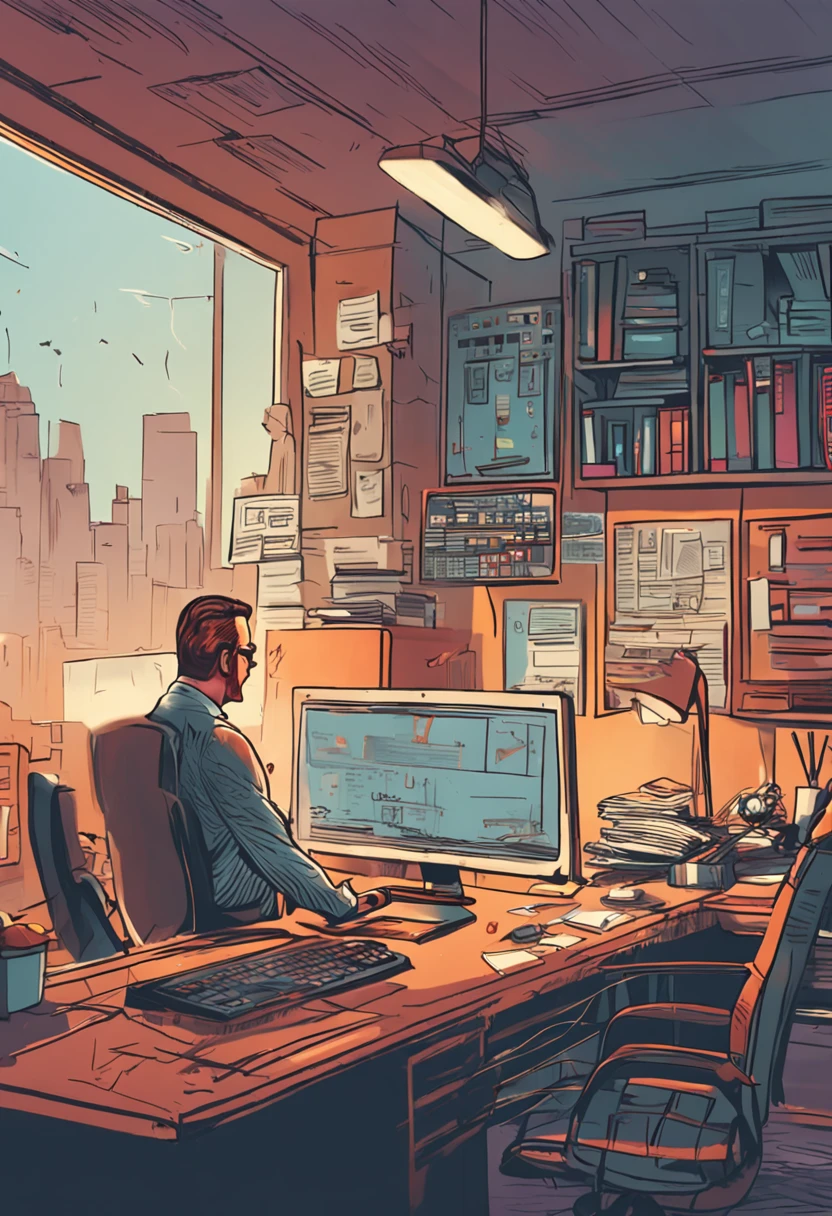 computer guy working on a desk with his boss watching over his back in an office