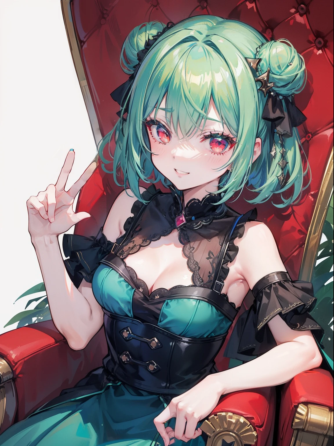 {Moist feather(ho****ve)}, 1girl, {short hair}, double bun, {emeraldgreen hair}, {Red eyes}、​masterpiece、top-quality、grinning evily、{demon king}、{full bodyesbian}、a throne、ambition、The Darkness、Dark blue dress、demon realm、