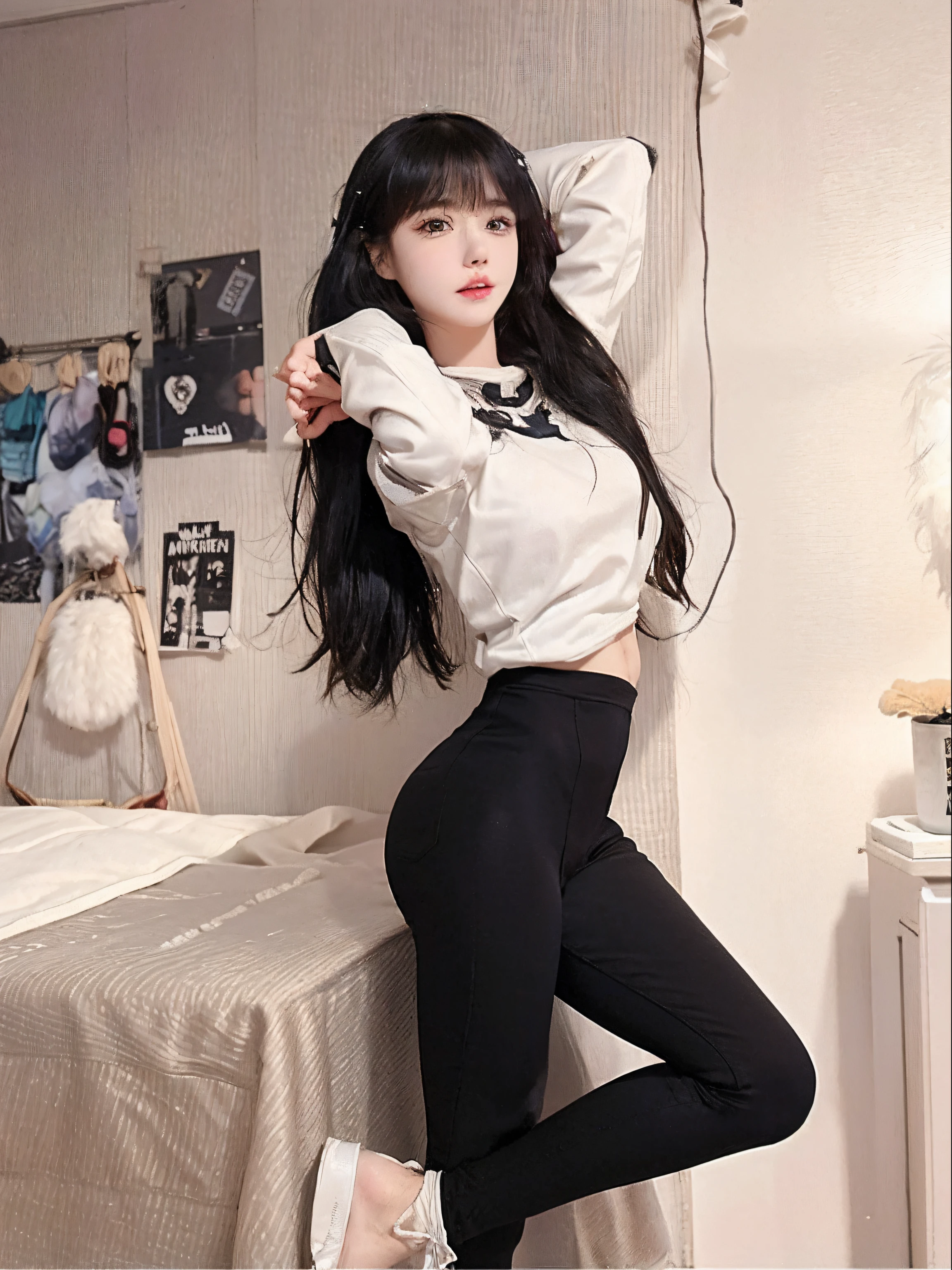 Arapei girl posing for photo in tight black pants and beige sweatshirt, wearing tight simple clothes, tight costume, skinny waist and thick hips, wearing black tight clothing, Korean girl, pretty face with arms and legs, ulzzangs, IG model | Art germ, Instagram model, Attractive pose, thicc, photo of slim girl