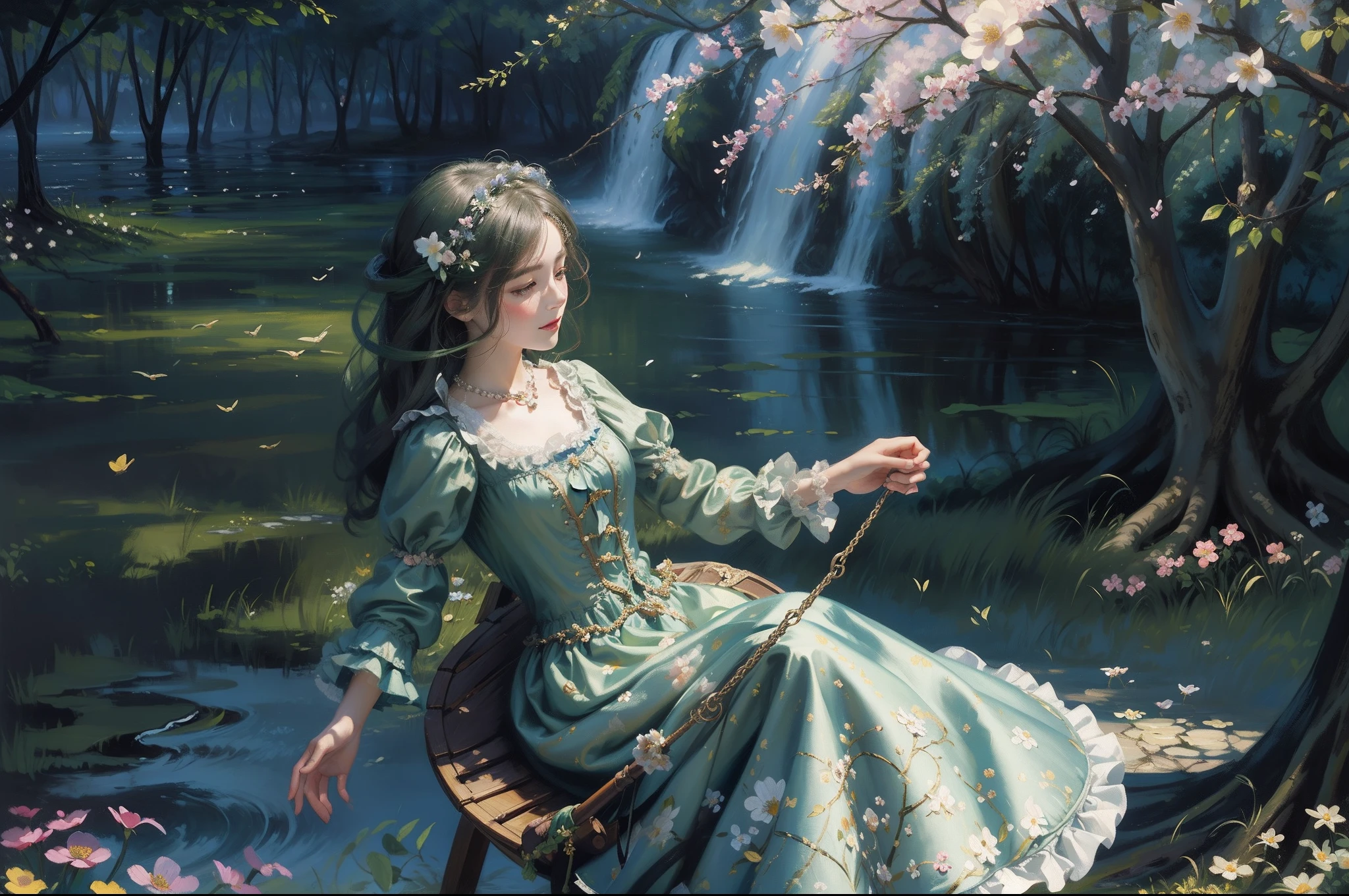 Woman swinging on a swing under a tree, romantic dress with full skirt, pettycoats, rococo style, flowery garden as background, ((oil painting1.5)), whimsical, colourful, impasto.