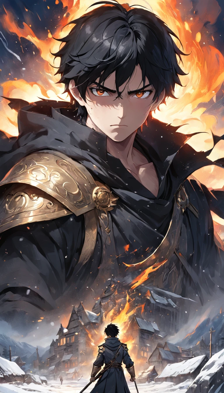 magnificent scene, Ancient England,In the middle of a destroyed cold village, Covered with dense snow, The protagonist, Young man with black hair and shining golden eyes, Hurt by conflict, Awaken the power of fire