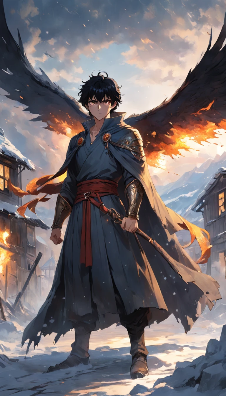 magnificent scene, Ancient England,In the middle of a destroyed cold village, Covered with dense snow, The protagonist, Young man with black hair and shining golden eyes, Hurt by conflict, Awaken the power of fire