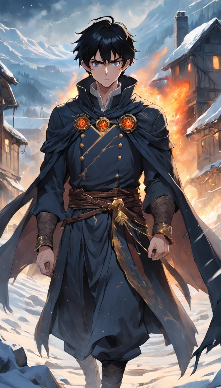 magnificent scene, Ancient England,In the middle of a destroyed cold village, Covered with dense snow, The protagonist, Young man with black hair and shining golden eyes, Hurt by conflict, Awaken the power of fire