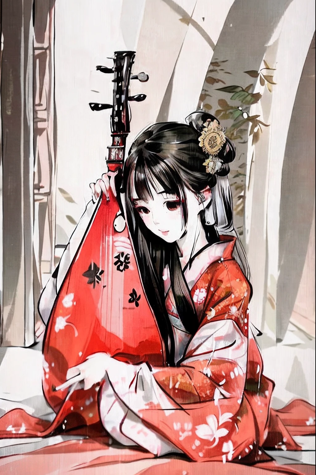 A woman playing a lute in a red kimono, Palace , A girl in Hanfu, Hanfu, Chinese traditional, Wearing ancient Chinese clothes, is playing a lute, Traditional beauty, Holding a lute, Chinese woman, White Hanfu, Chinese girl, Chinese costume, Chinese style, with acient chinese clothes, Traditional Chinese clothing, traditional japanese