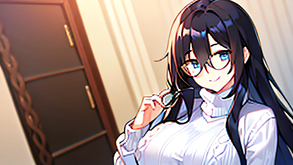 woman, (((black long hair))), ((((hip length turtleneck sweater)))), (((((sweater white))))) ((blue eyes)), breasts, breasts squeezed together, happy, bangs between the eyes,bangs between the eyes, bedroom, milky thighs, detailed face, detailed eyes, detailed hair, read a book, glasses, seing book