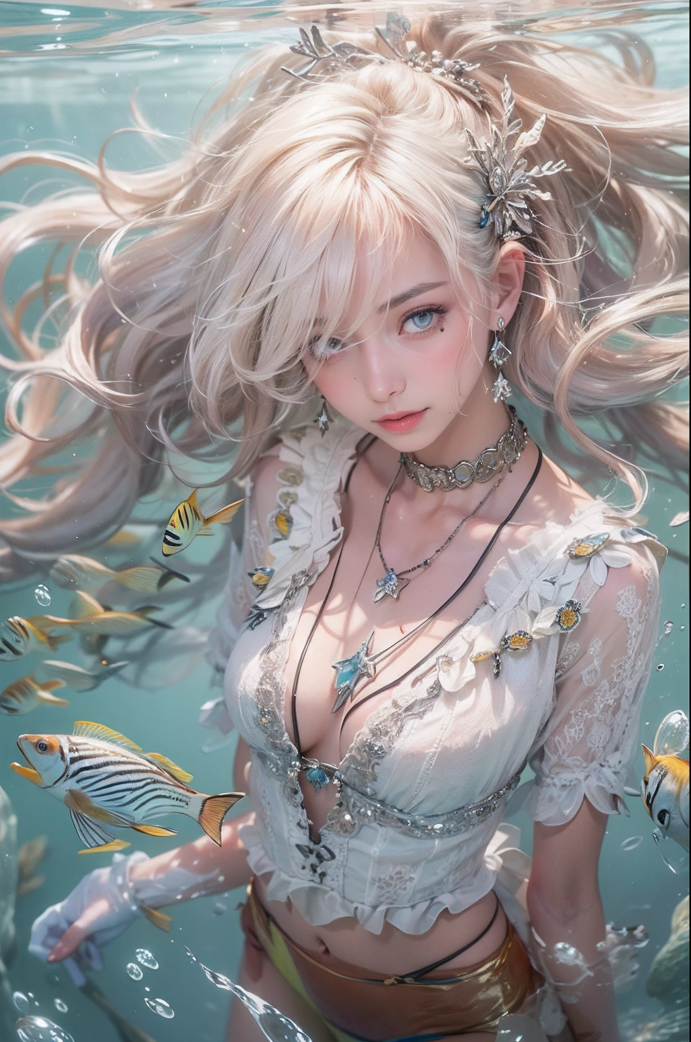 (Highest quality authentic textured skin),(abyssal),(Fine, Round, Symmetrical eyes),Delicate facial features,(Burning bright and cold eyes),very slim and thin body, sexy lingerie, underarm, (She has a mischievous smile on her face),(Her face is gentle and beautiful),Glass earrings on the ears,,(Blonde hair),(silvery white hair),(Maroon hair),(Swim at the bottom of the sea),(Full body portrait:1.5),(Dramatic photo:1.4),(dramatic pose),(flamboyant photo)(facing up),(Looking down),(Around her neck hangs a simple necklace of exquisite craftsmanship),A messy painting,(Hair flows in water:1.5),(Underwater, Marine life, Beautiful coral reef, Fish),(Vortices and tidal currents in the background),(Dramaticlight),(Magnificent scene),(Surrounded by beautiful fish),In the distant background is a temple submerged in a coral reef,the reef,Epic realism,Cinematic feeling,(high-density imaging review:1.5),(Soft color:1.2),Ultra detailed,Dramaticlight,(intricately details:1.1),the complex background,