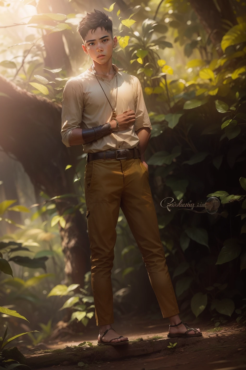 A boy with superpowers, standing in a jungle, looking at a old men.