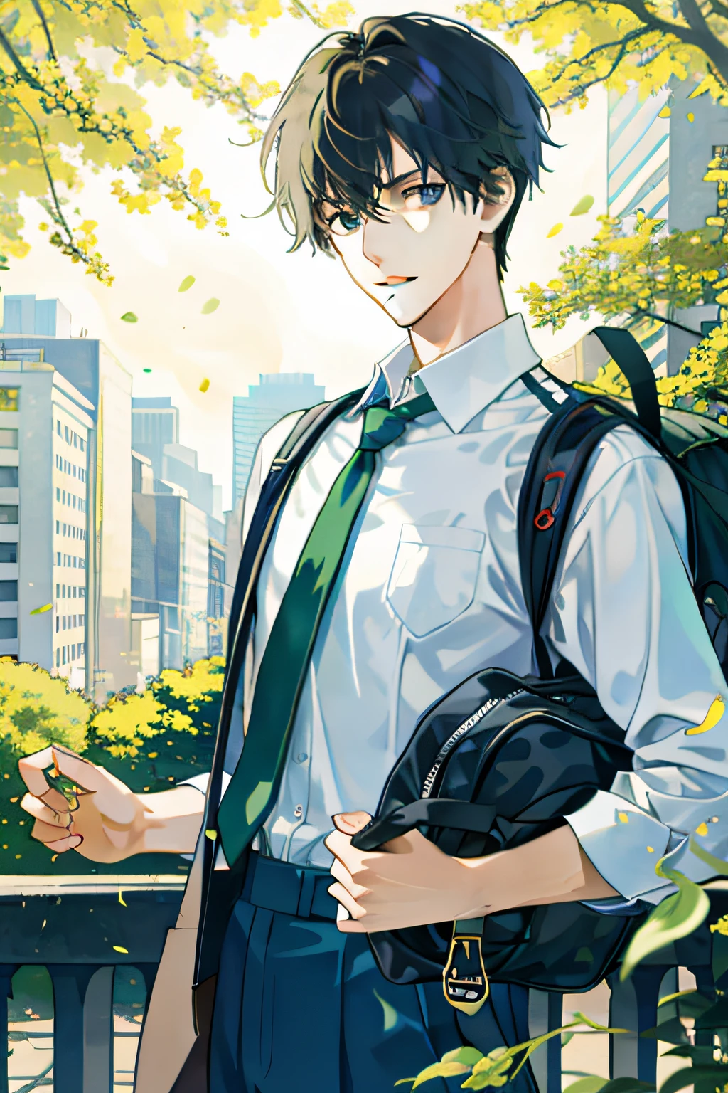 Masterpiece, Need for Good, 1boy, Male Focus, Handsome, Campus, Boulevard, Spindle Tree, Afternoon Sun, On the Way to School, School Uniform, Backpack, Front, Depth of Field