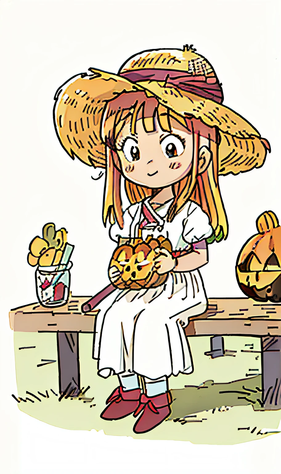 A little girl with a straw hat sits on a stool，On the table to the left of the little girl was a pumpkin，nachos，potatoes，Chigo，radishes，sweet potato,Q version stick figure style drawing