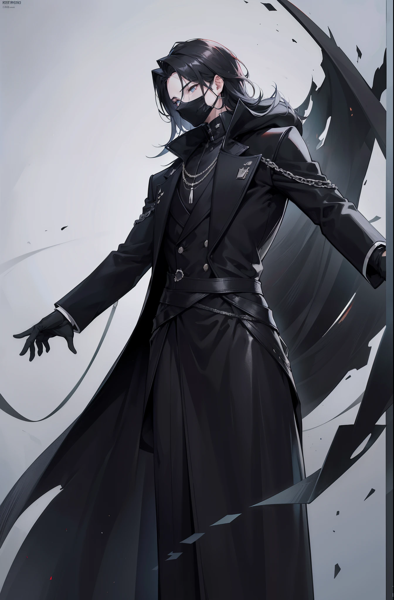 Um homem de cabelos pretos,full body profile, , 8k photograph,High-quality camera photos, high-quality photo, dressed in a black coat, Handsome black coat, wearing long black robe,Wearing a solid black mask,,frontal photos,Unreadable face,Wearing a solid black mask