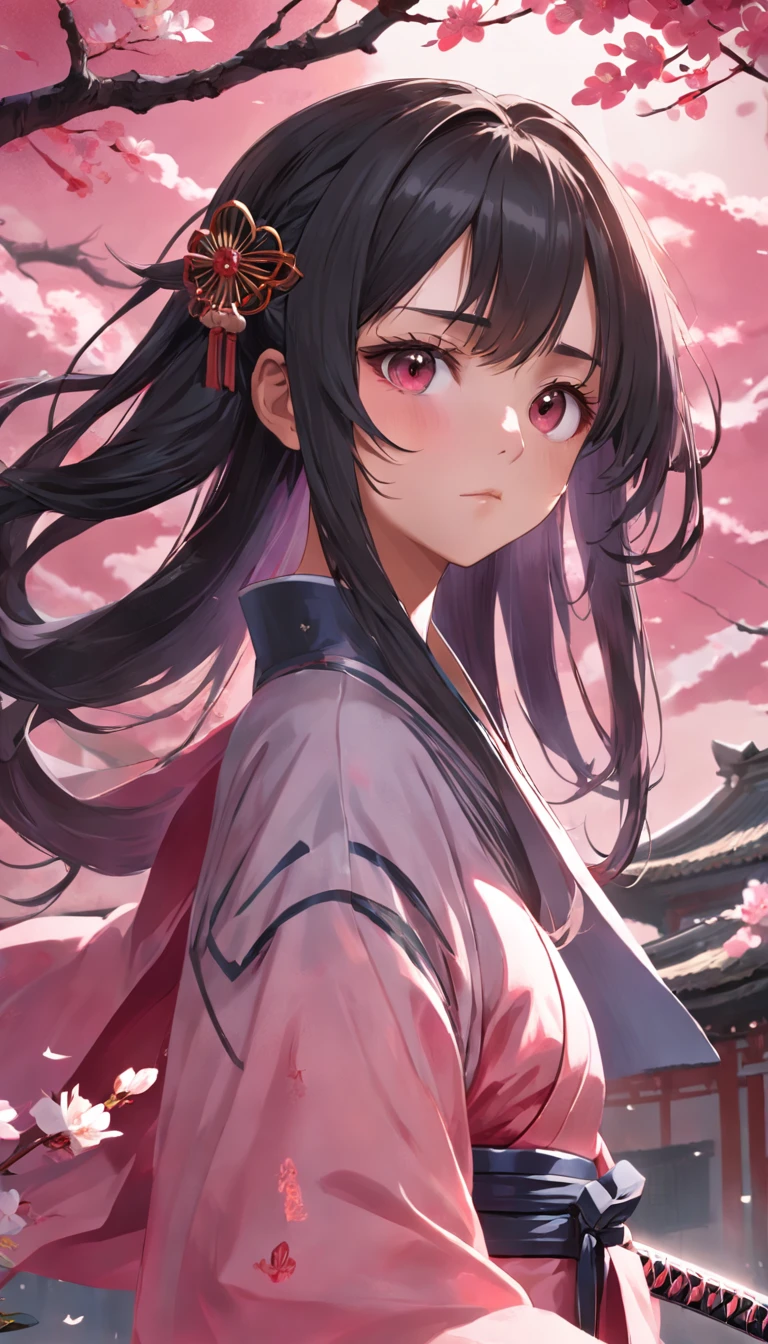 Danfeng Eyes，bushido，The upper part of the body，Black coiled hair，Simple hairpins，Cold eyes，solo person，orthofacial，frontage，Peach blossom background，Highly saturated colors，Hyper Real，8K high-definition，holding a longsword，Absolutely beautiful，high light，plethora of colors