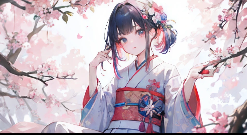 Top image quality、highestdetailed、masterpiece、
Background with:in woods、Anime Art Style、
femele、Petite、
expresive:Beautiful face、Thin eyebrows、Young Face、
hairstyle on:Natural hair、Longhaire、Multicolored hair color、Floral hair ornament、
garments:Colorful kimono、with floral pattern、ren、
full body Esbian、Normal、Sit innocently、sideways Facing、