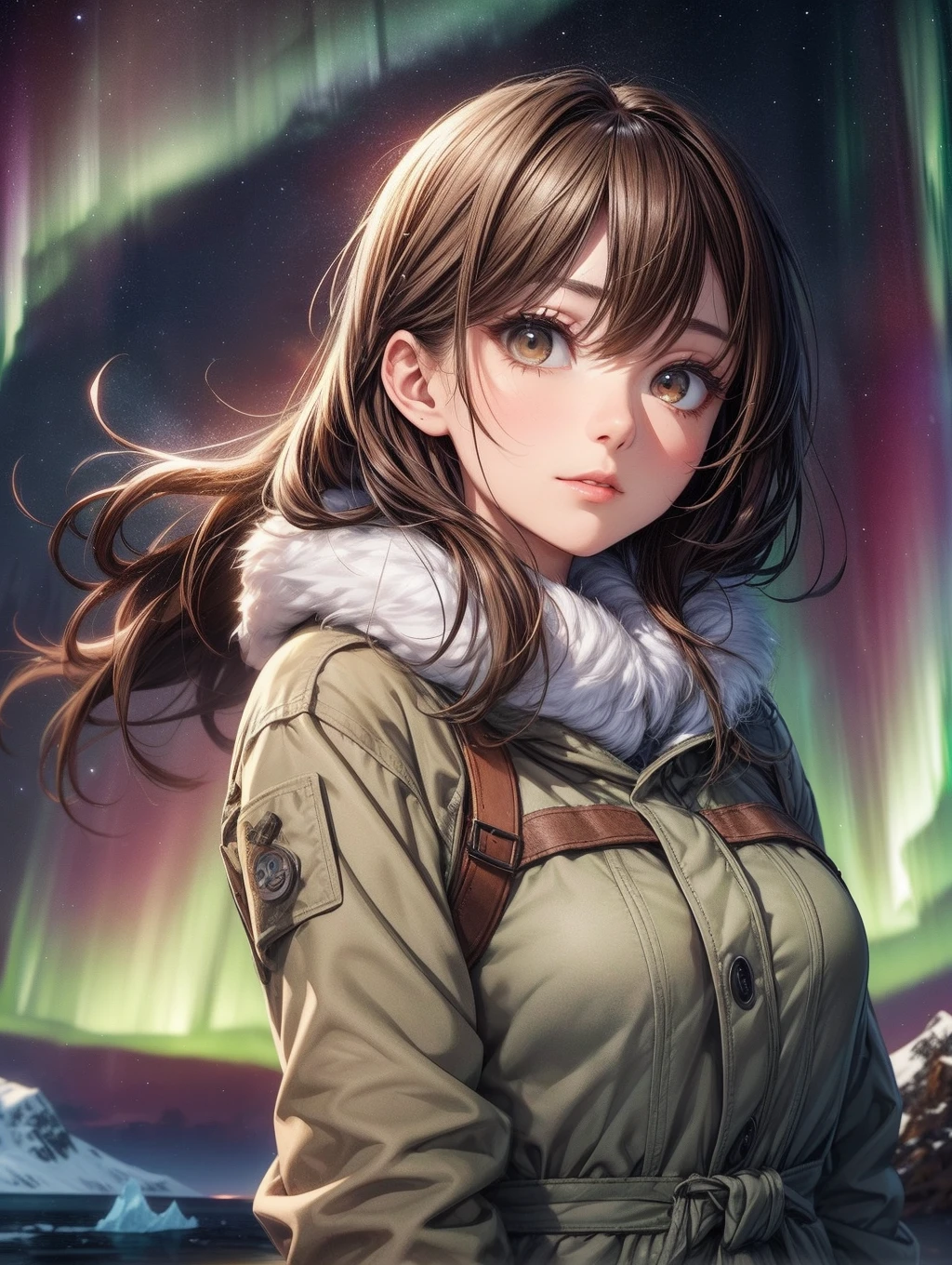 Best Quality, masutepiece, beautiful mature women、Beautiful face、Strong-minded woman、brown haired、Brown-eyed、Longhaire、Undersized eyes、Khaki winter clothes、((Arctic background))、Full body like、Enlarge the background、Aurora、Looking up at the Northern Lights、Make the sky bigger
