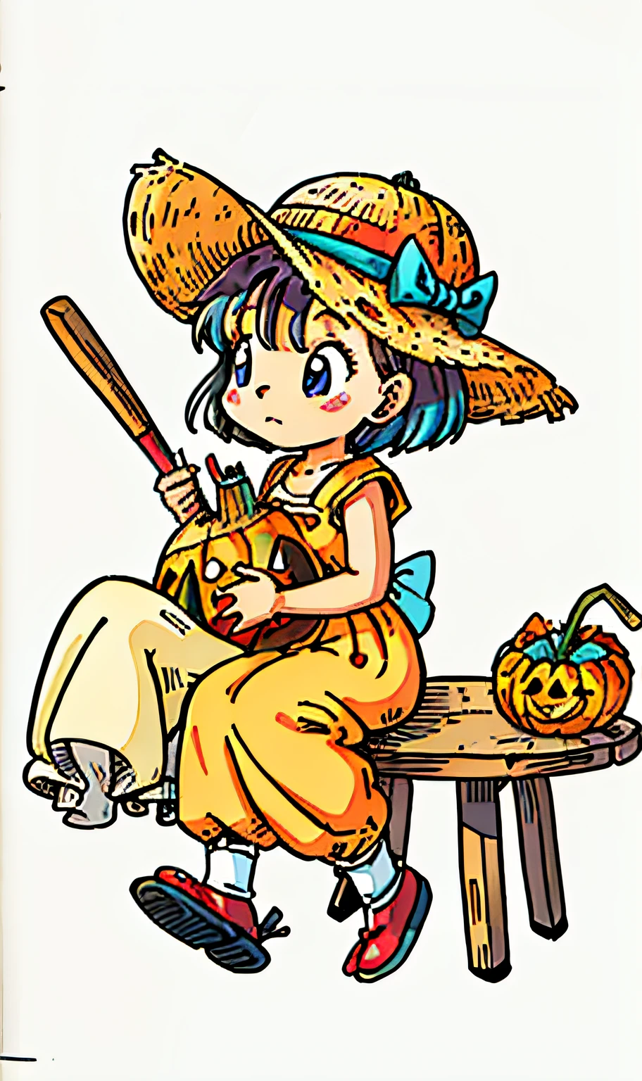 A  with a straw hat sits on a stool，On the table to the left of the little girl pumpkin，nachos，potatoes，Chigo，radishes，sweet potato,Q version stick figure style drawing