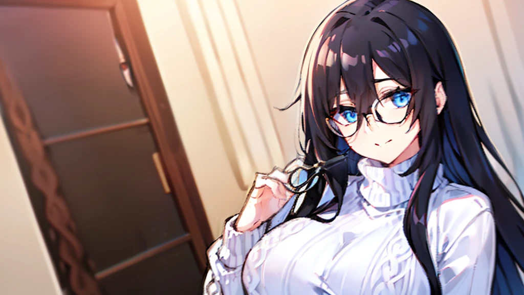 ((horny-style, horny)), upper body, cowboy shot, detailed hair, 1girl, breasts, solo, black hair, earrings, blue eyes, long hair, looking at viewer, black shirt, hair between eyes, large breasts, bangs, indoors, short sleeves, closed mouth, smile, wavy hair, mature female, messy hair, cleavage, (blush, sexually suggestive),
(Highres), 8K, Detailed, Ambient Light, Digital Art, Soft Lighting, (Hyper-Detailed Background:1.2), (((masterpiece))), (highest quality), ((perfect face)), (cinematic lighting), best quality, realistic background, highres, (intricate details), detailed finger, extremely detailed, intricate, award-winning, hyper-detailed, hard lighting, intricate details, (illustration:1.1), highres,