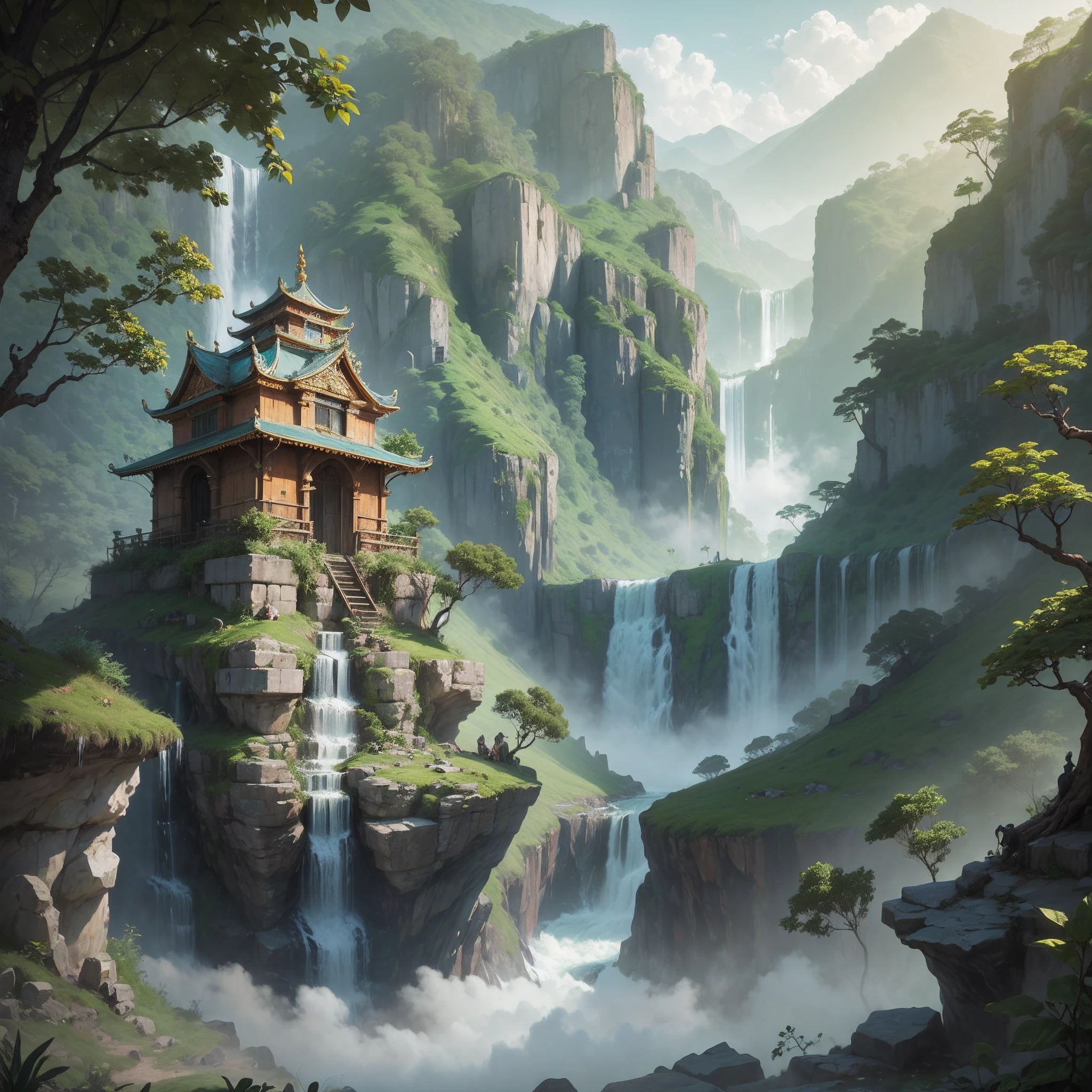 jungle temple, monkey Worshipping, waterfall, fog, daytime. --auto --s2