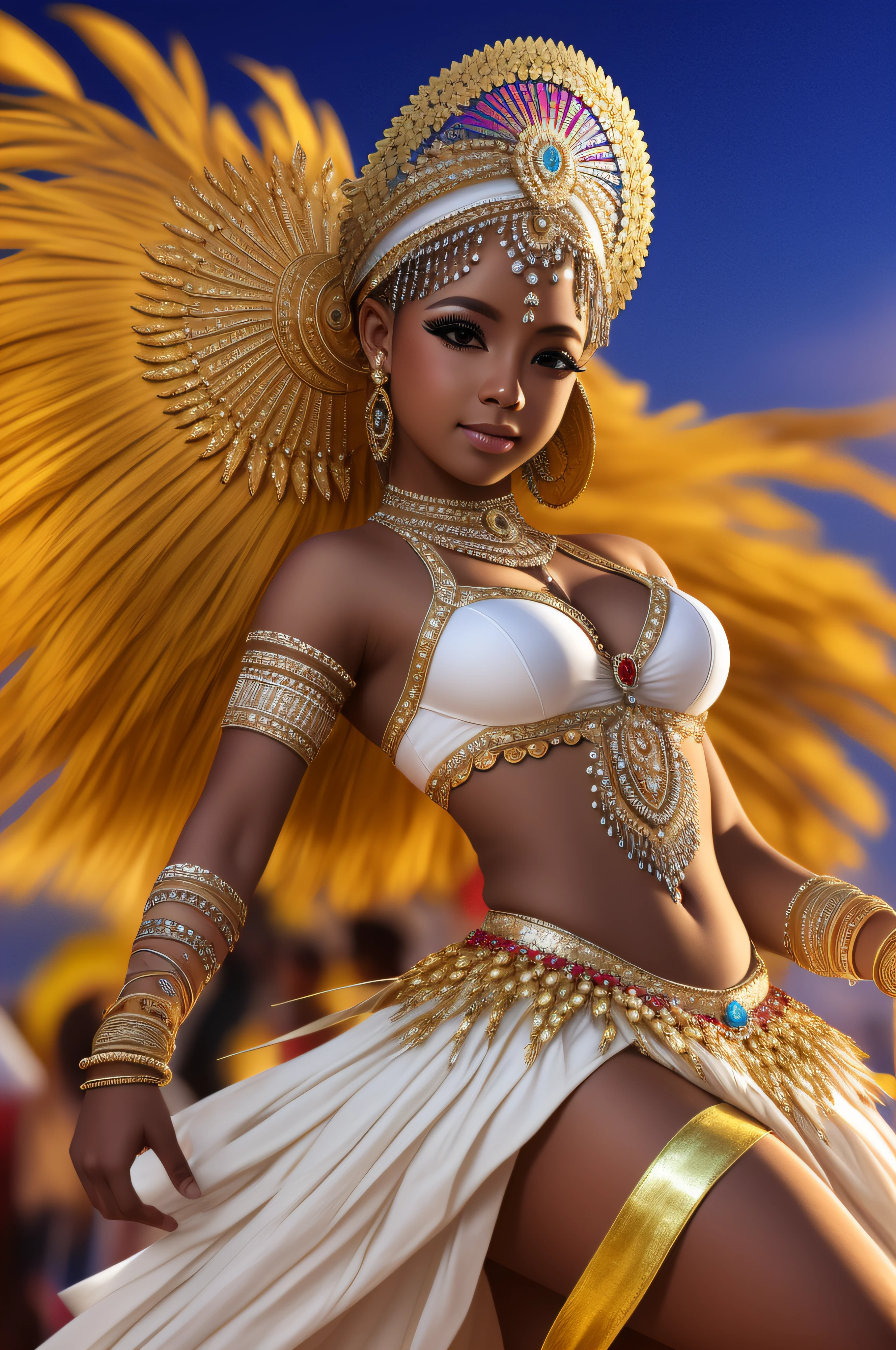 Rio carnival dancer isolated on white, in Brazil outfit, like a nimph, high resolution, blonde long hair, wide angle, hyper realistic