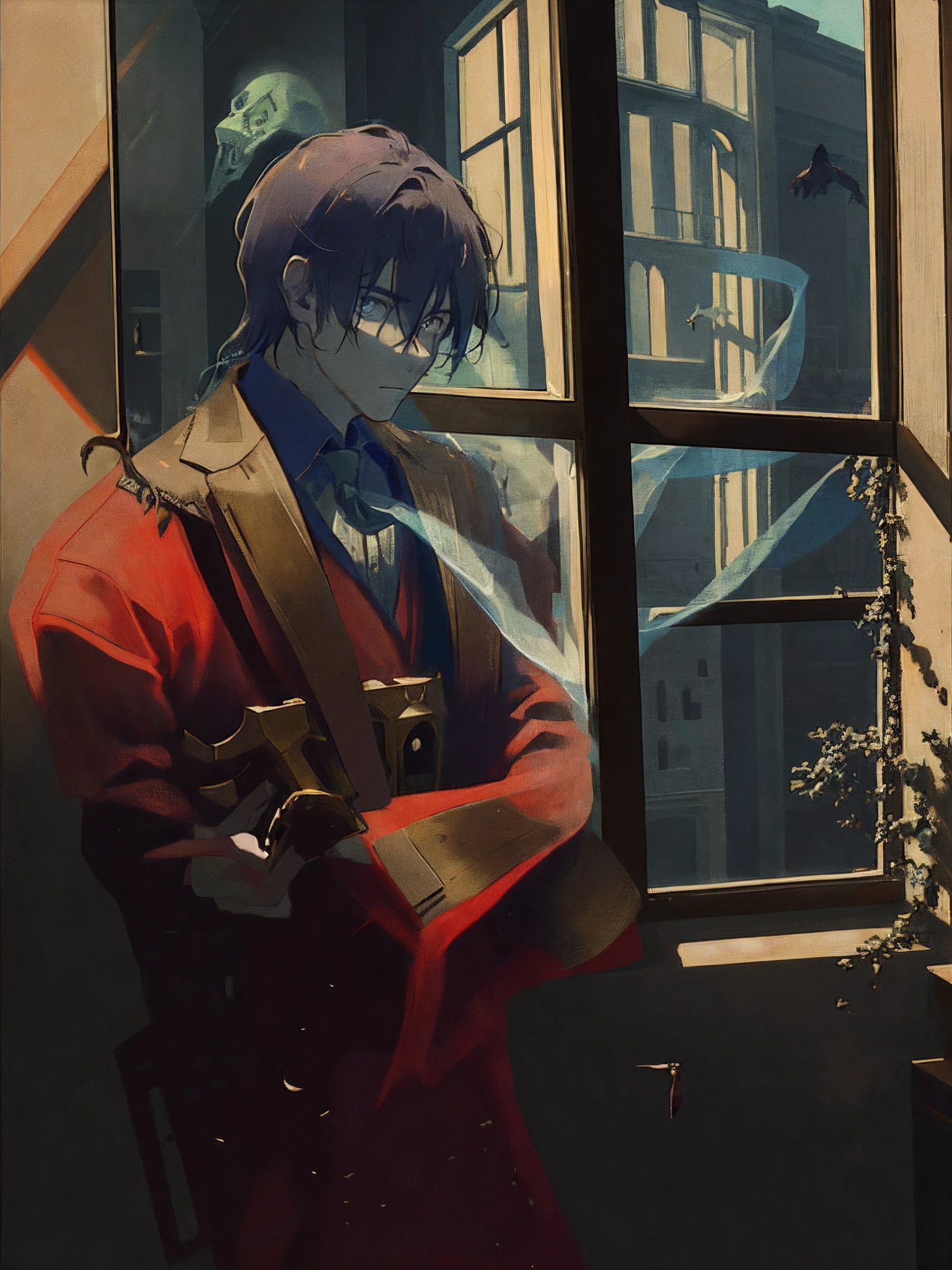 (Masterpiece, best quality: 1.2), (Super detailed), (Illustration),a man standing in front of a window, standing near a window, thinking pose, next to a window, leaning against the window, near a window, there are village in window, dynamic camera, dark room, zombie apocalyps, light from window